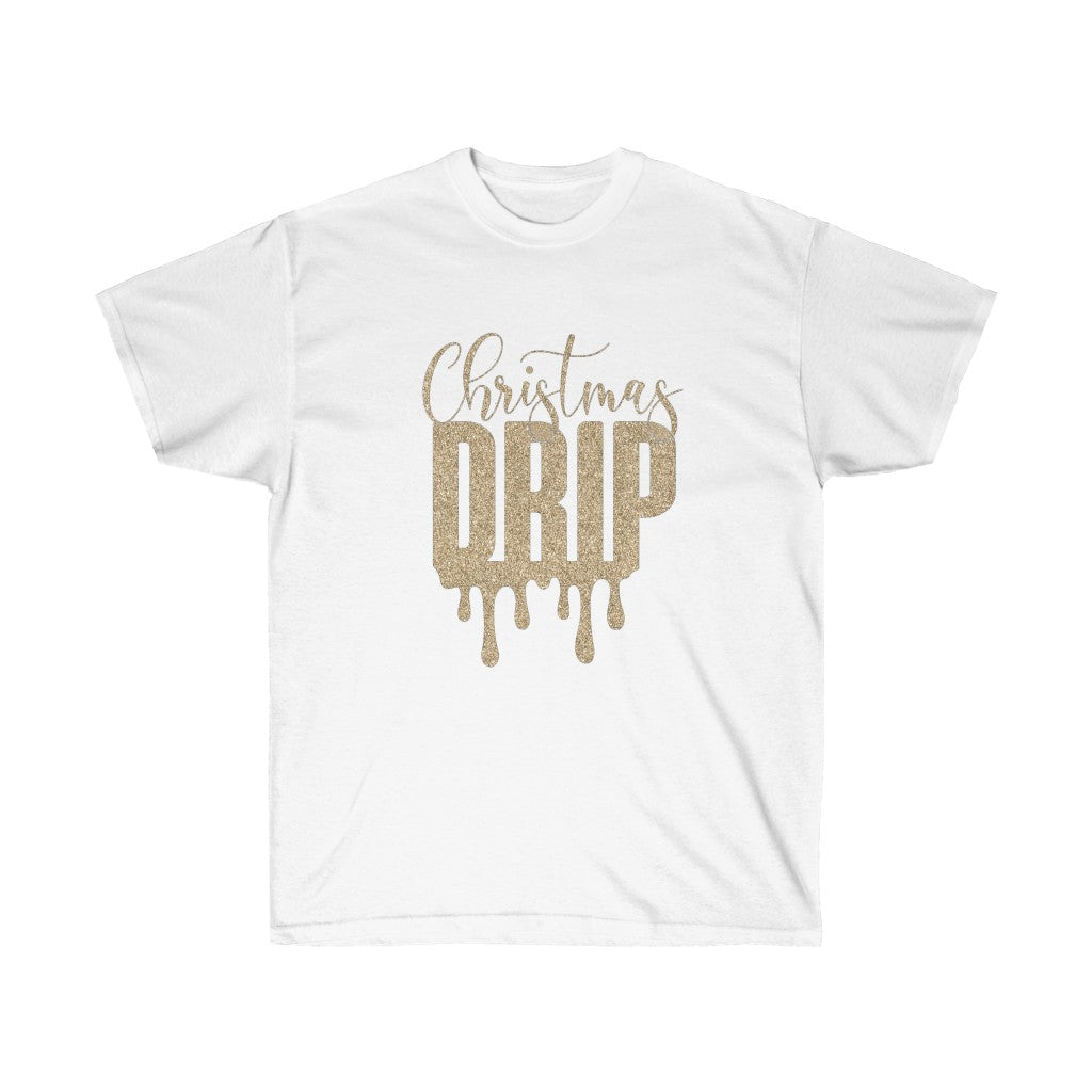 Golden Dripping Christmas Drip T-shirt featuring a stylish golden drip design, perfect for holiday celebrations.