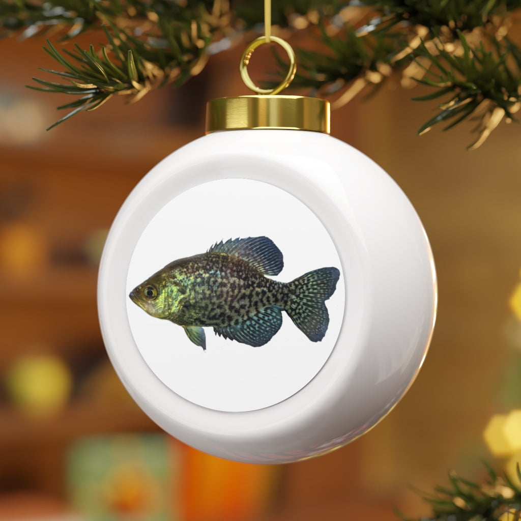 Golden Fish Christmas Ball Ornament with glossy finish and gold ribbon, perfect for holiday decor.