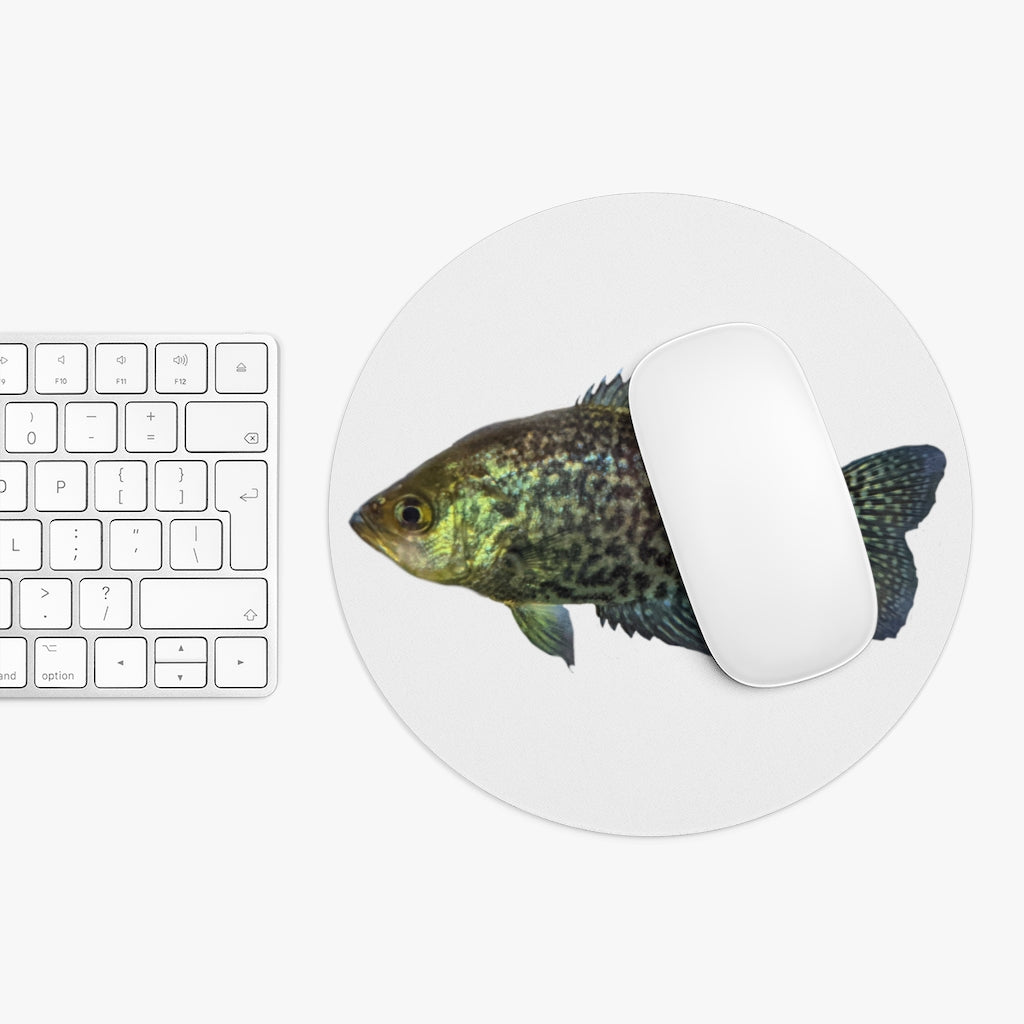 Golden Fish Mouse Pad featuring vibrant colors and a non-slip rubber base, available in round and rectangular shapes.