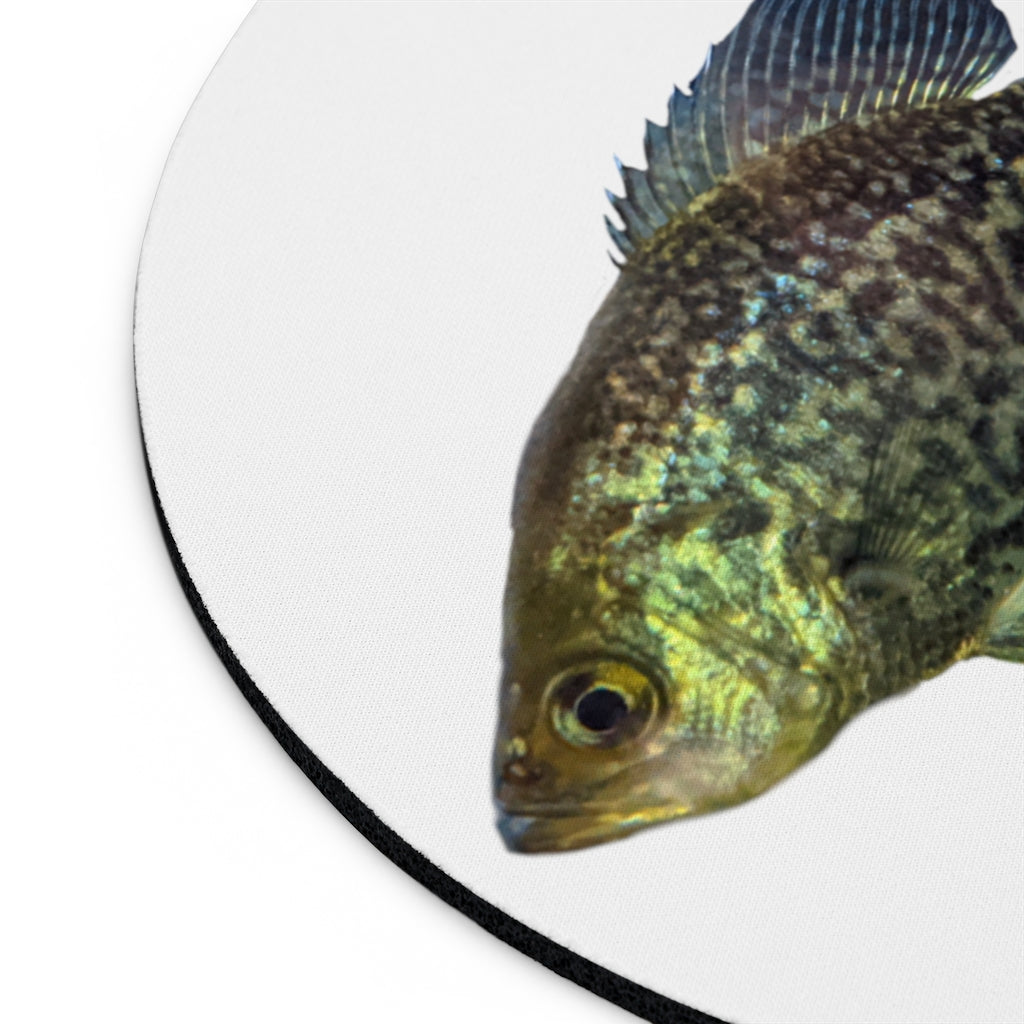 Golden Fish Mouse Pad featuring vibrant colors and a non-slip rubber base, available in round and rectangular shapes.