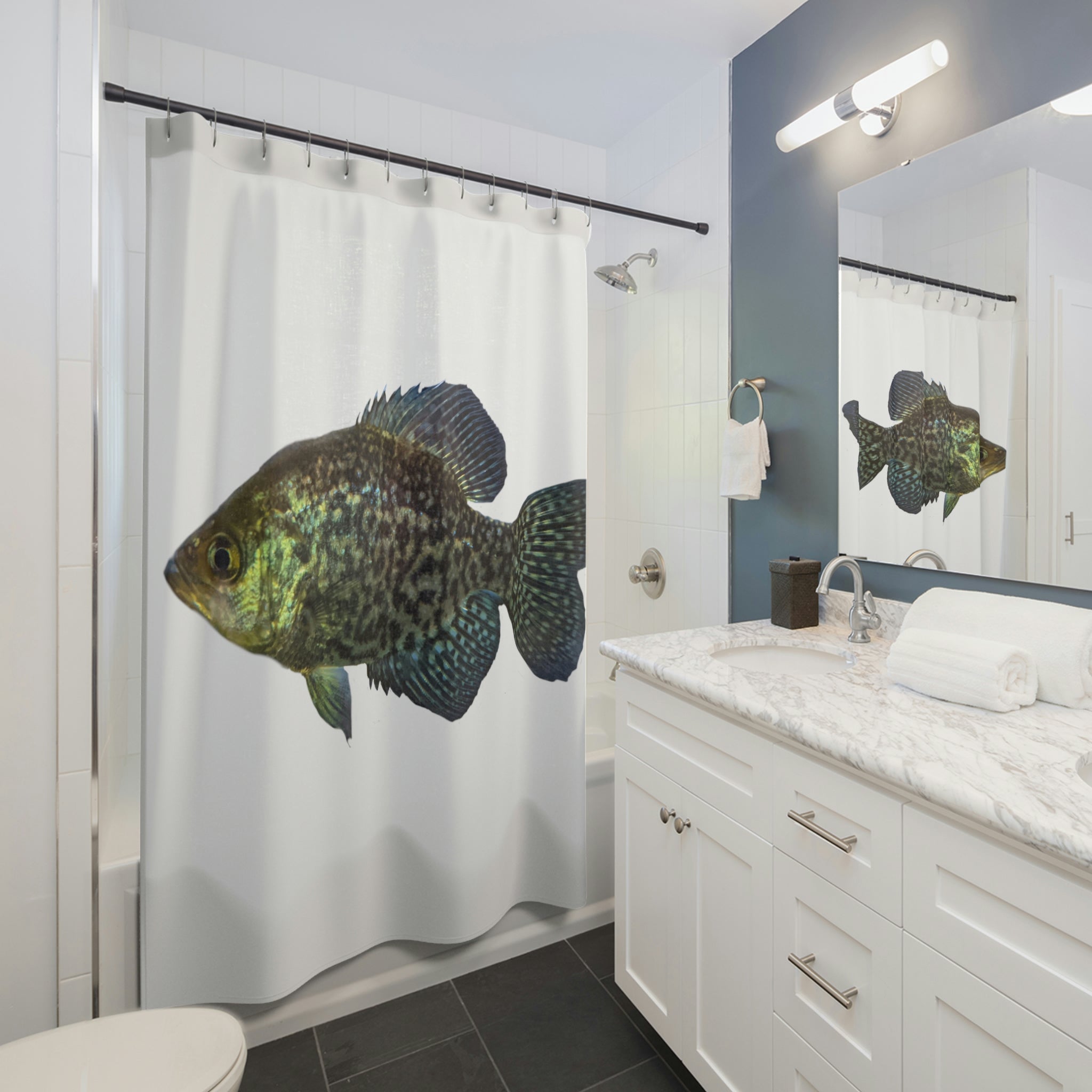 Golden Fish Shower Curtain featuring vibrant aquatic design on durable polyester fabric, perfect for enhancing bathroom decor.