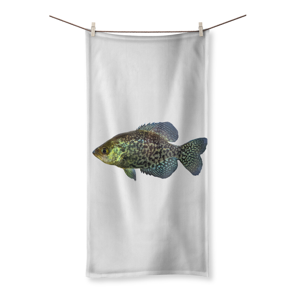 Golden Fish Sublimation All Over Towel featuring vibrant prints on a polyester front and soft cotton backing, available in various sizes.