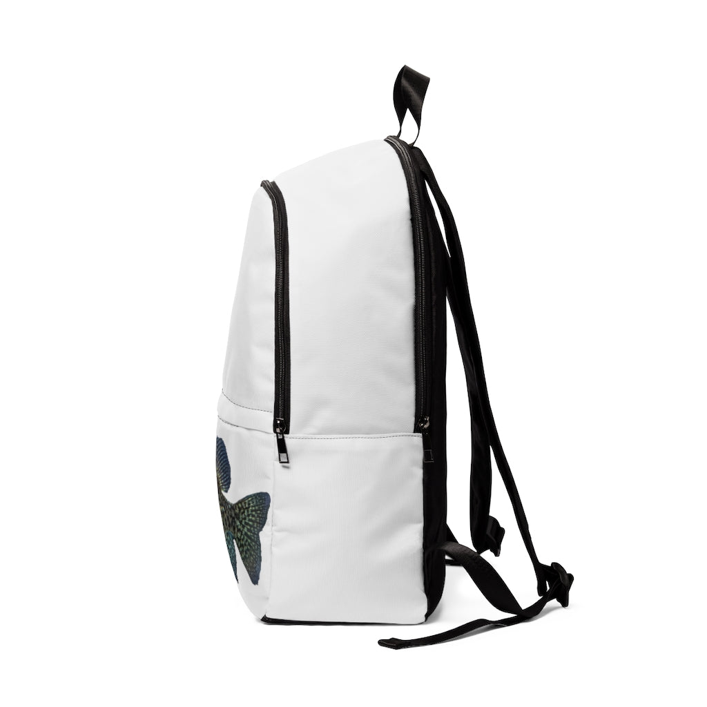 Golden Fish Unisex Fabric Backpack in soft nylon, featuring adjustable straps and a padded back panel, ideal for school and travel.
