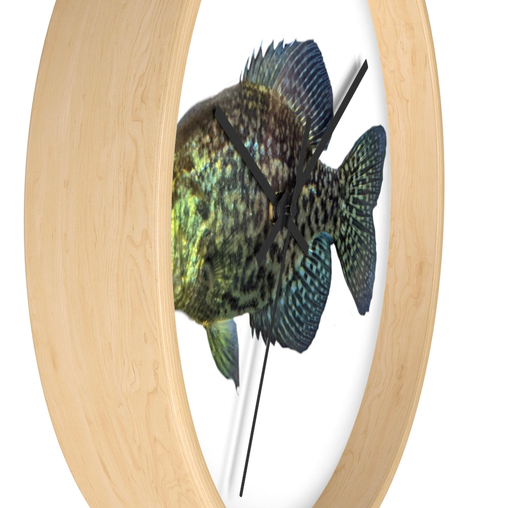 Golden Fish Wall Clock with wooden frame and plexiglass face, featuring a unique golden fish design.
