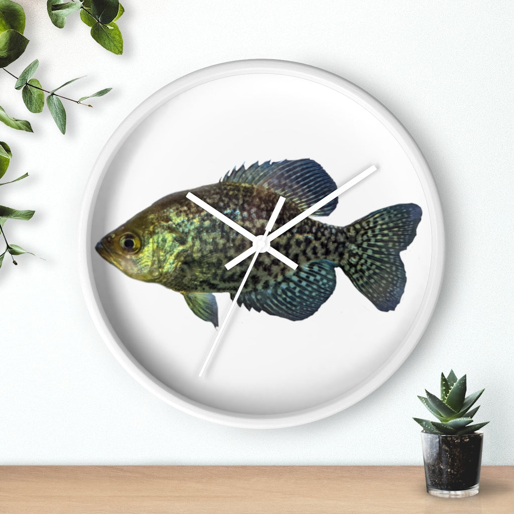 Golden Fish Wall Clock with wooden frame and plexiglass face, featuring a unique golden fish design.