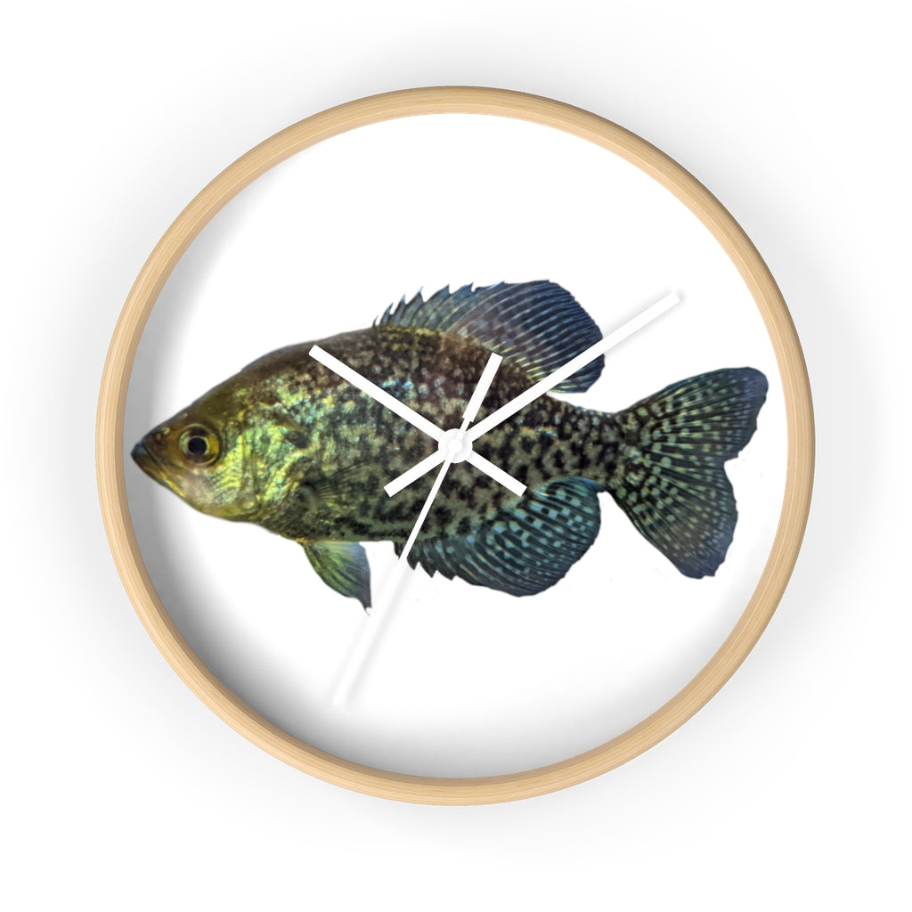 Golden Fish Wall Clock with wooden frame and plexiglass face, featuring a unique golden fish design.