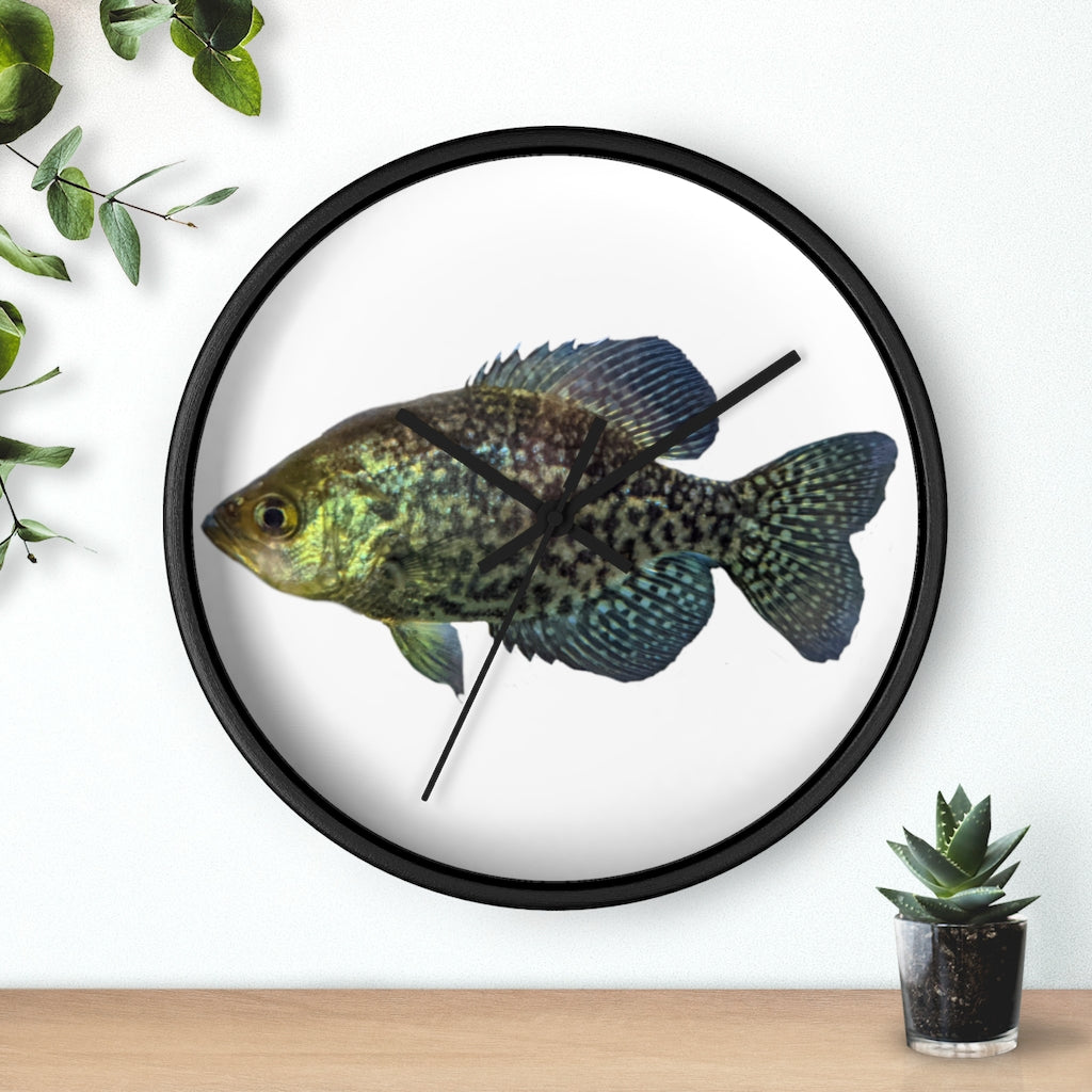 Golden Fish Wall Clock with wooden frame and plexiglass face, featuring a unique golden fish design.