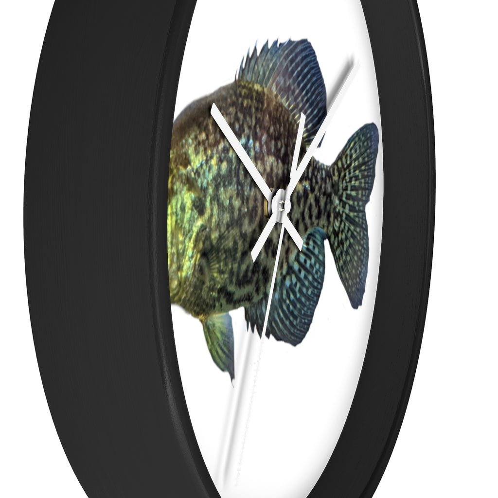 Golden Fish Wall Clock with wooden frame and plexiglass face, featuring a unique golden fish design.