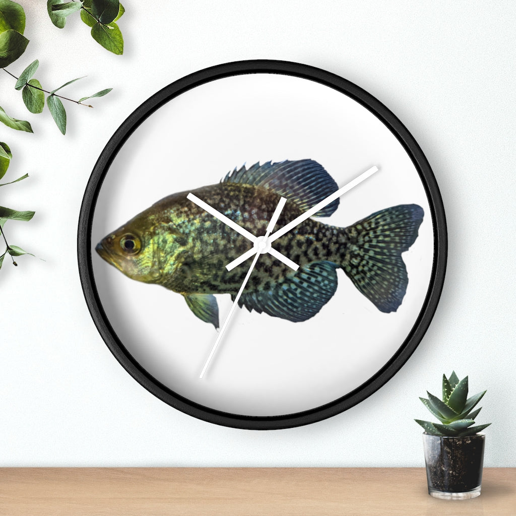 Golden Fish Wall Clock with wooden frame and plexiglass face, featuring a unique golden fish design.