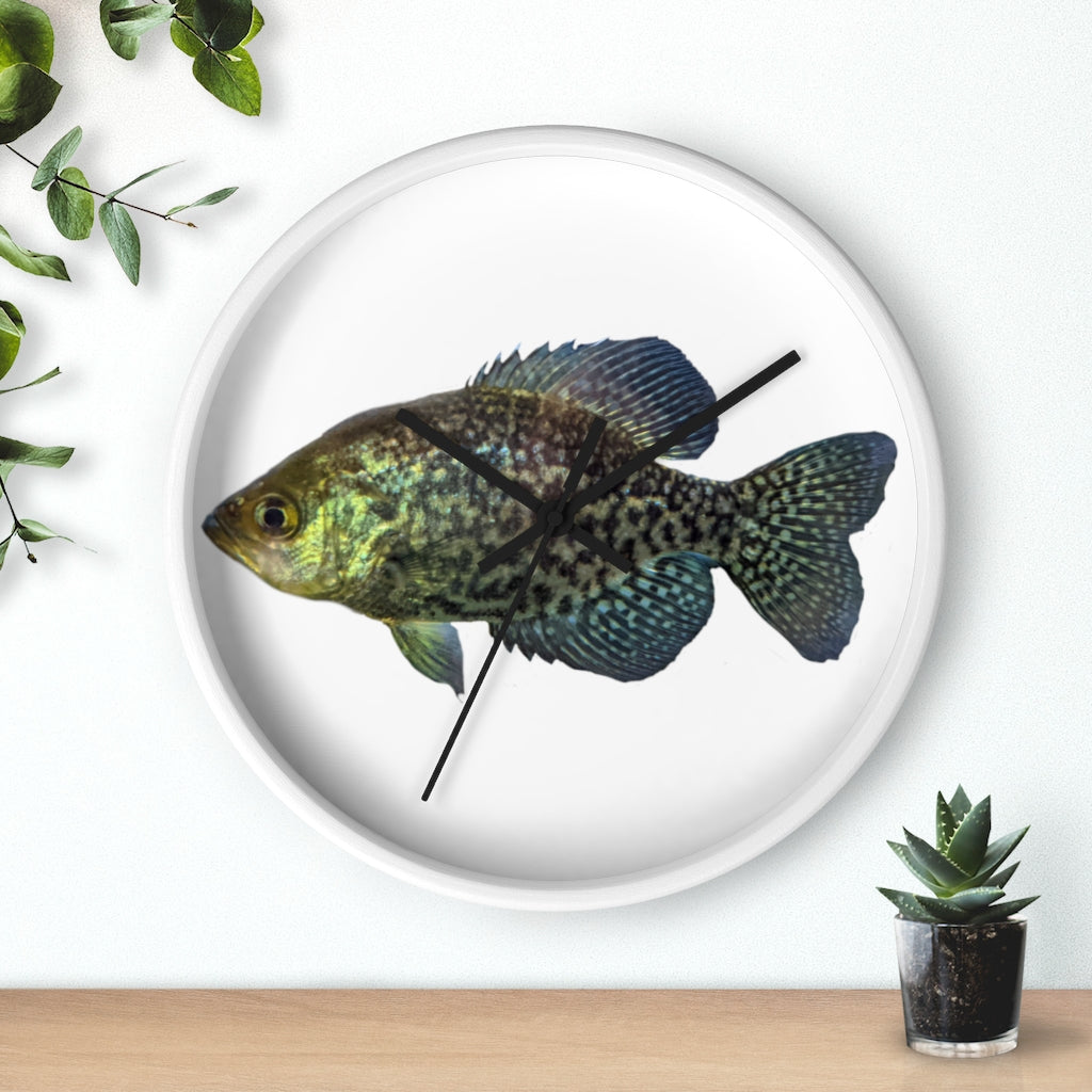Golden Fish Wall Clock with wooden frame and plexiglass face, featuring a unique golden fish design.
