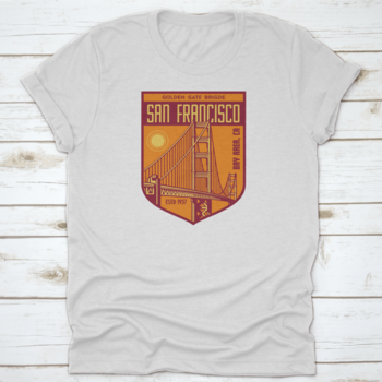 Golden Gate Bridge San Francisco patch logo shirt design, showcasing a vibrant graphic on a comfortable cotton fabric.