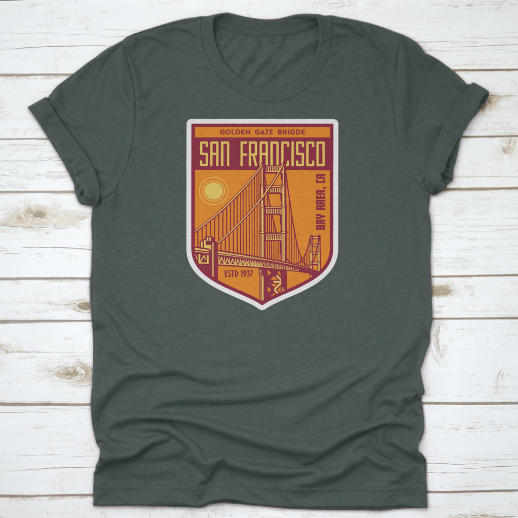 Golden Gate Bridge San Francisco patch logo shirt design, showcasing a vibrant graphic on a comfortable cotton fabric.