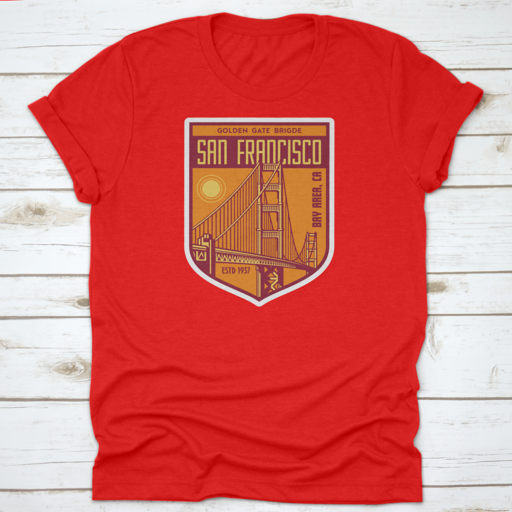 Golden Gate Bridge San Francisco patch logo shirt design, showcasing a vibrant graphic on a comfortable cotton fabric.