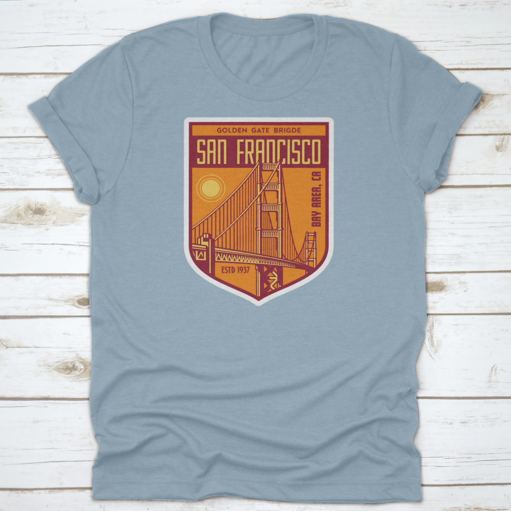 Golden Gate Bridge San Francisco patch logo shirt design, showcasing a vibrant graphic on a comfortable cotton fabric.