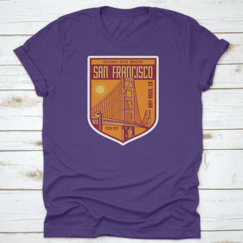 Golden Gate Bridge San Francisco patch logo shirt design, showcasing a vibrant graphic on a comfortable cotton fabric.