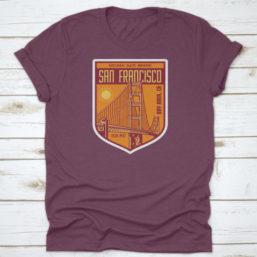 Golden Gate Bridge San Francisco patch logo shirt design, showcasing a vibrant graphic on a comfortable cotton fabric.