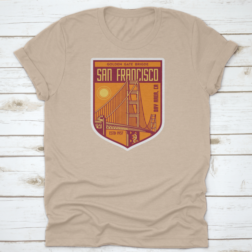 Golden Gate Bridge San Francisco patch logo shirt design, showcasing a vibrant graphic on a comfortable cotton fabric.