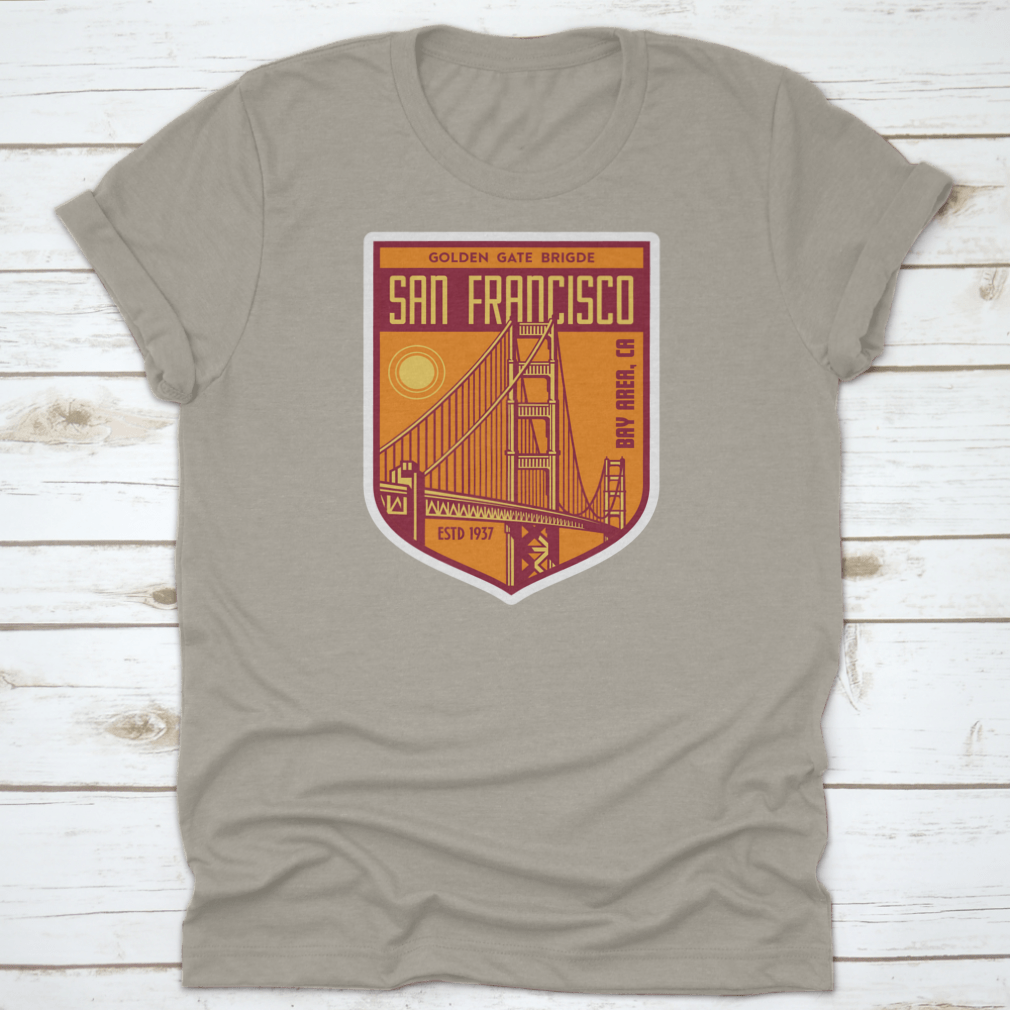 Golden Gate Bridge San Francisco patch logo shirt design, showcasing a vibrant graphic on a comfortable cotton fabric.