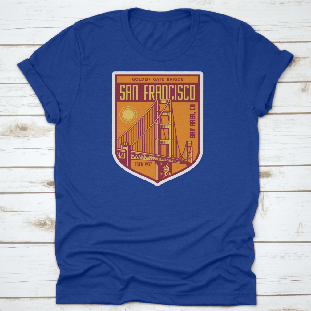 Golden Gate Bridge San Francisco patch logo shirt design, showcasing a vibrant graphic on a comfortable cotton fabric.