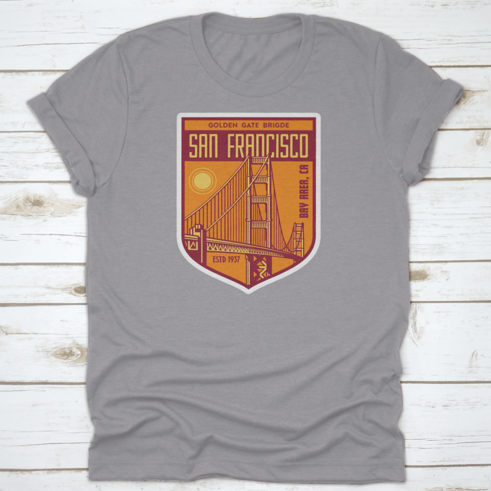 Golden Gate Bridge San Francisco patch logo shirt design, showcasing a vibrant graphic on a comfortable cotton fabric.