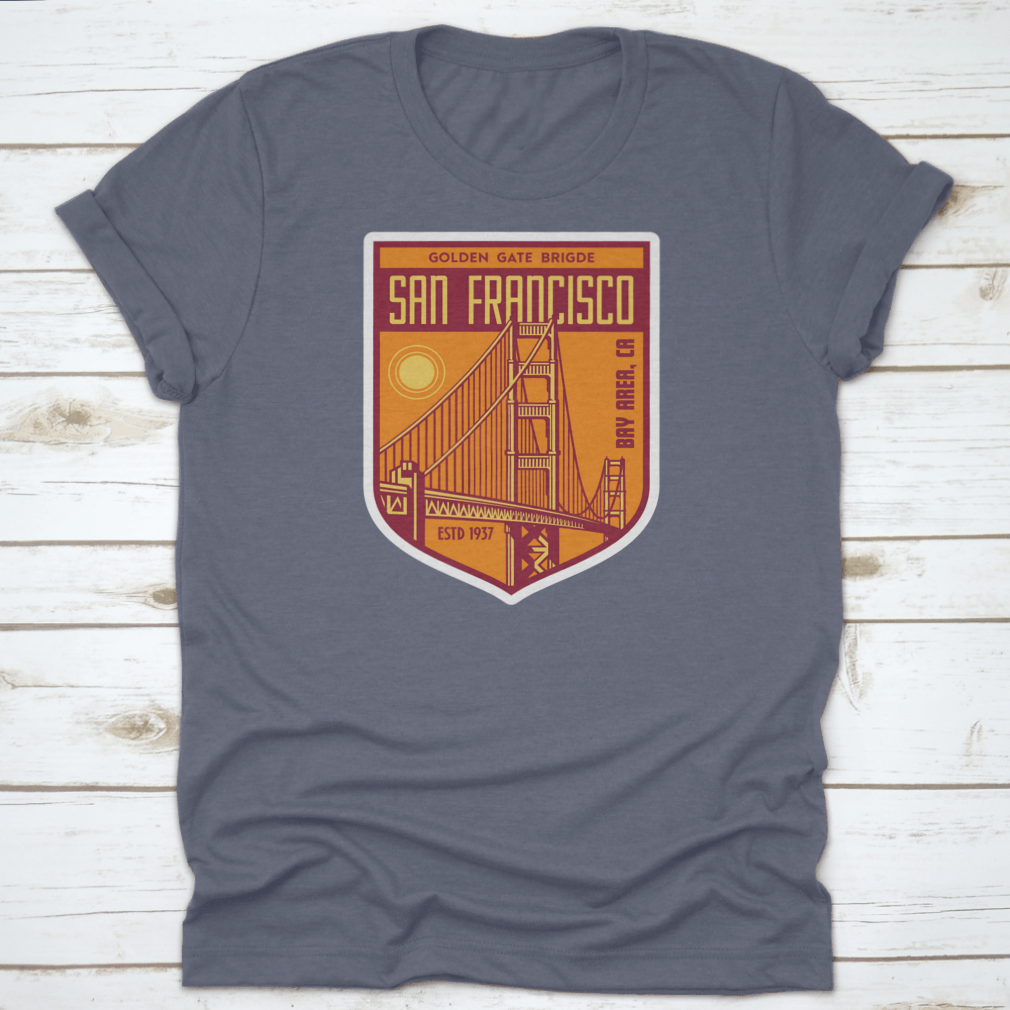 Golden Gate Bridge San Francisco patch logo shirt design, showcasing a vibrant graphic on a comfortable cotton fabric.