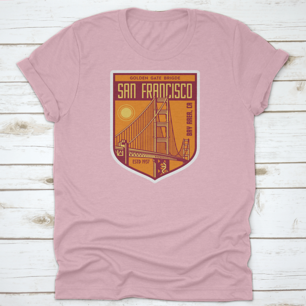Golden Gate Bridge San Francisco patch logo shirt design, showcasing a vibrant graphic on a comfortable cotton fabric.