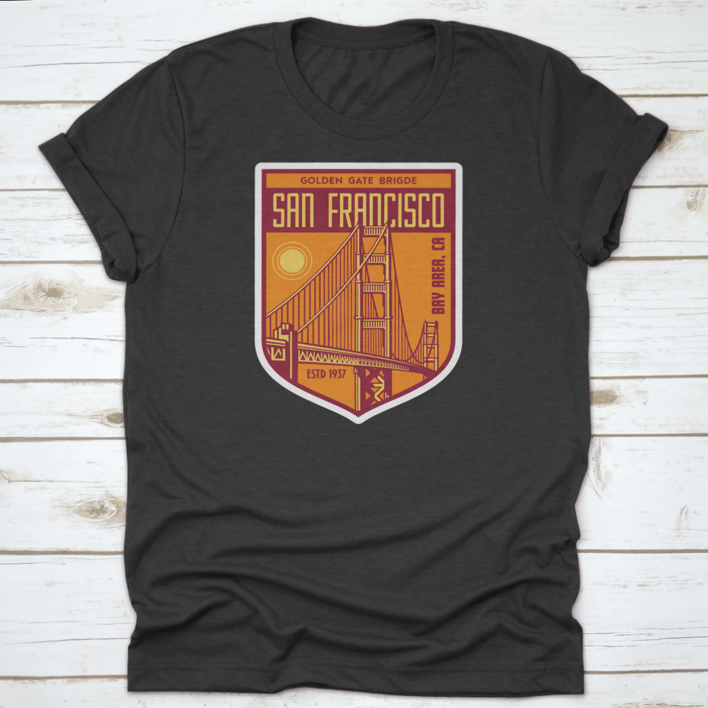 Golden Gate Bridge San Francisco patch logo shirt design, showcasing a vibrant graphic on a comfortable cotton fabric.