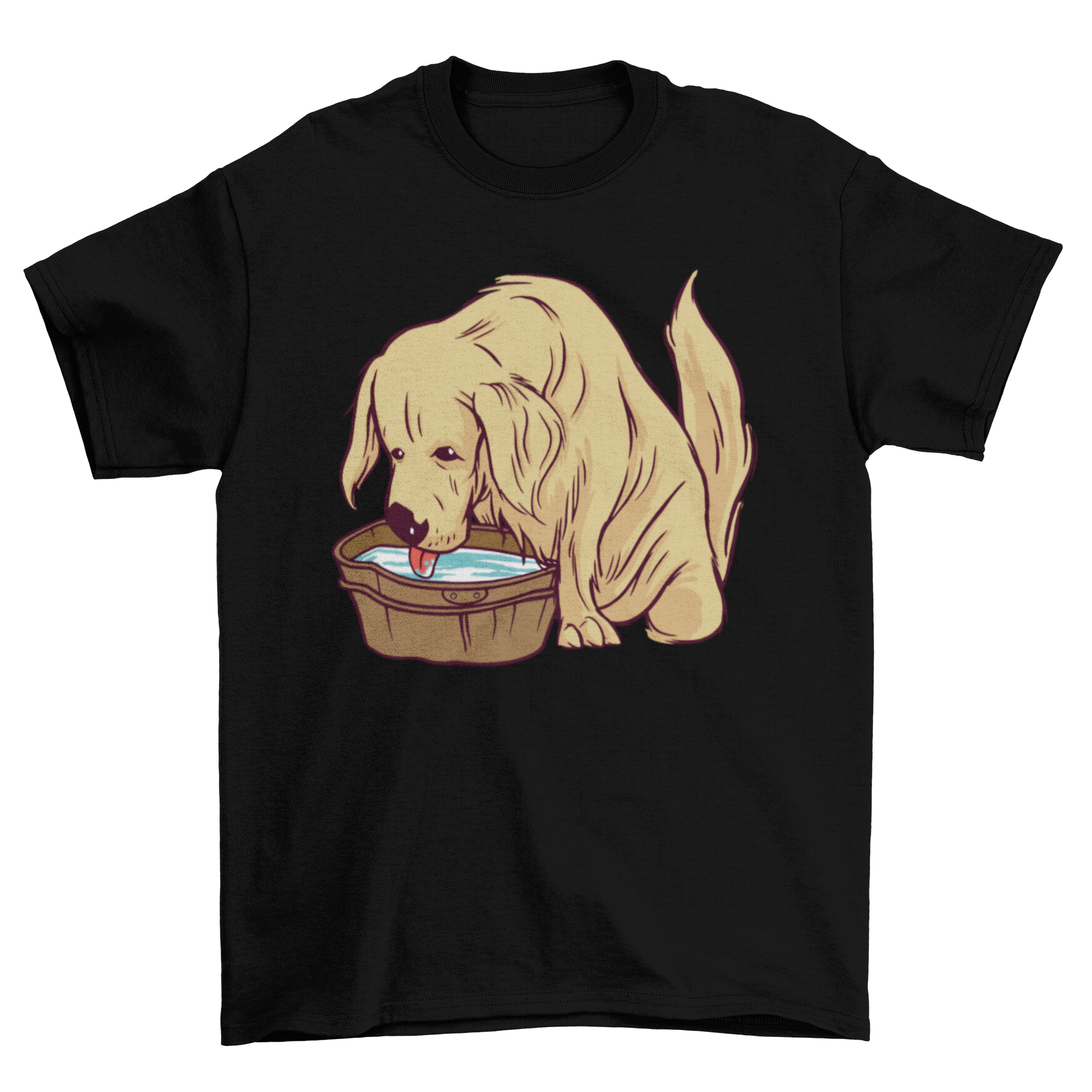A stylish T-shirt design featuring a Golden Retriever dog drinking water from a wooden bucket, showcasing the playful nature of the breed.