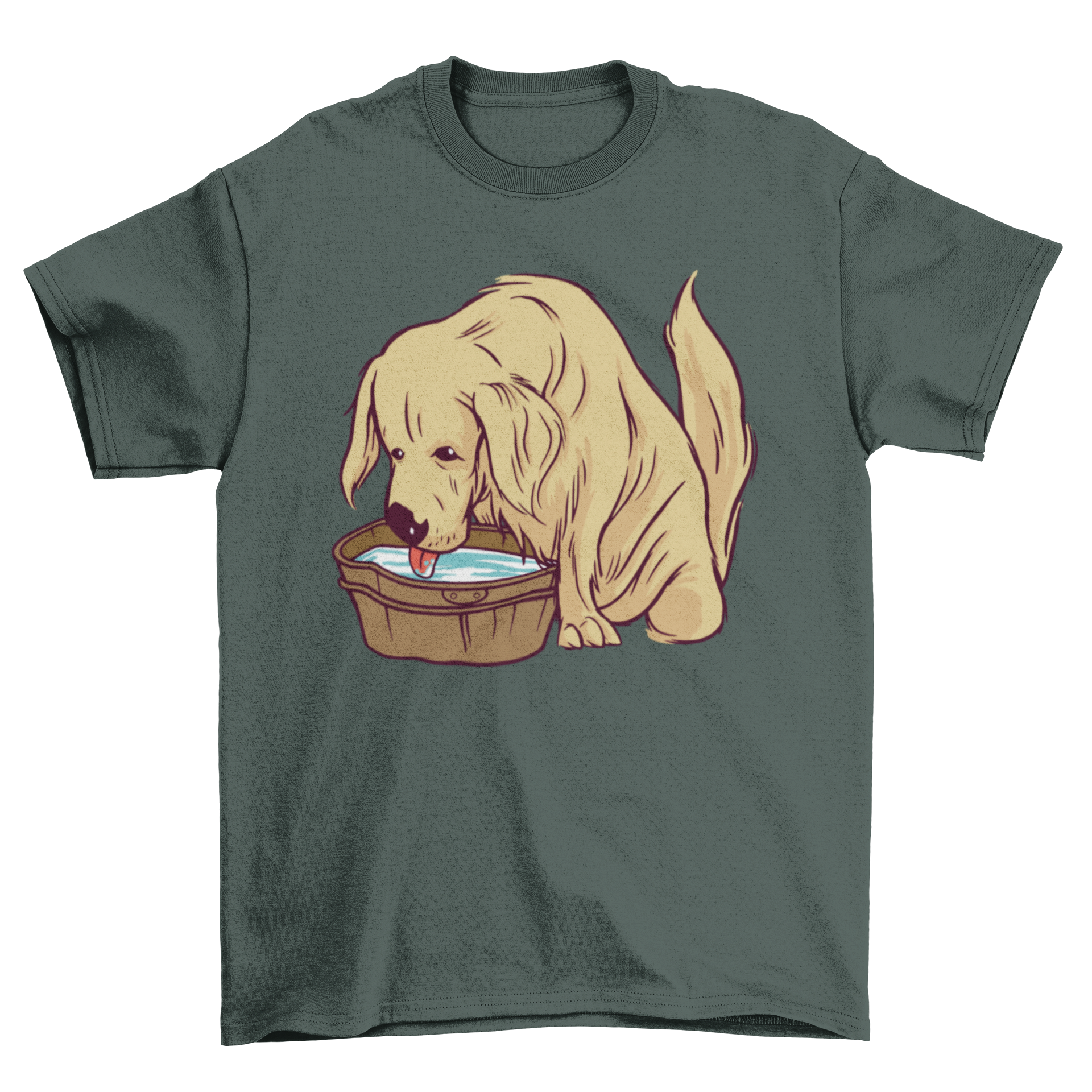 A stylish T-shirt design featuring a Golden Retriever dog drinking water from a wooden bucket, showcasing the playful nature of the breed.