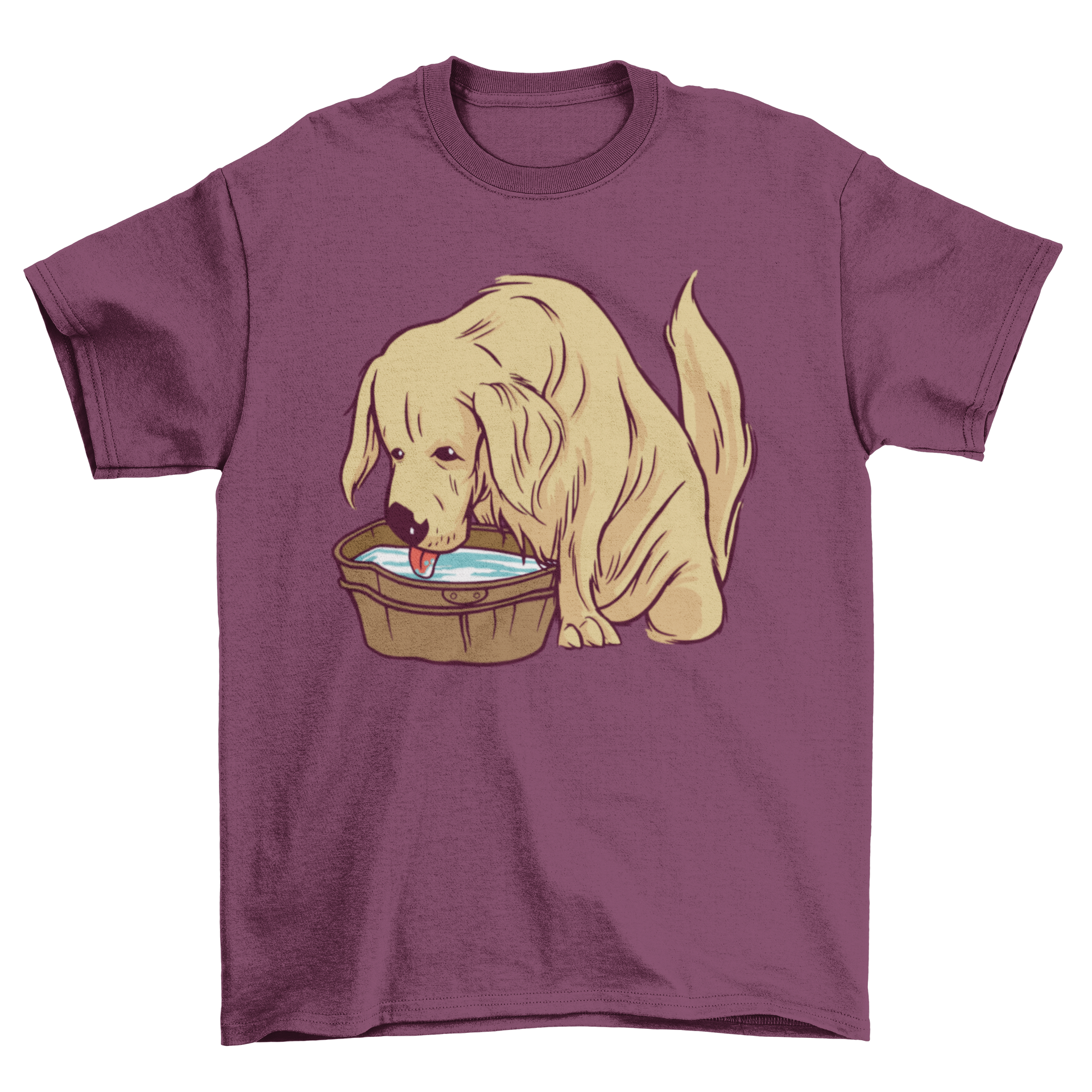 A stylish T-shirt design featuring a Golden Retriever dog drinking water from a wooden bucket, showcasing the playful nature of the breed.