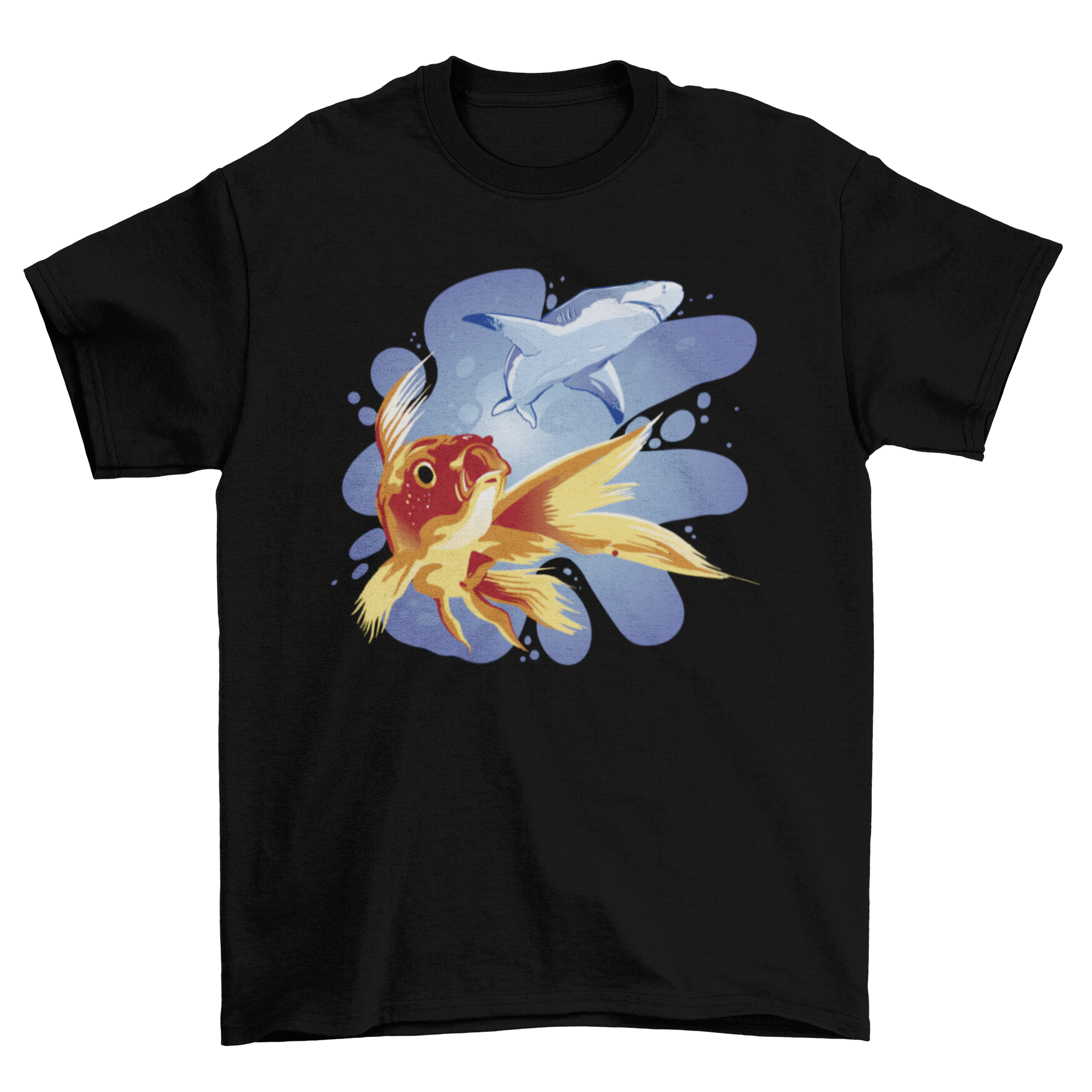 A vibrant t-shirt featuring a goldfish and shark swimming in the ocean, showcasing marine life.
