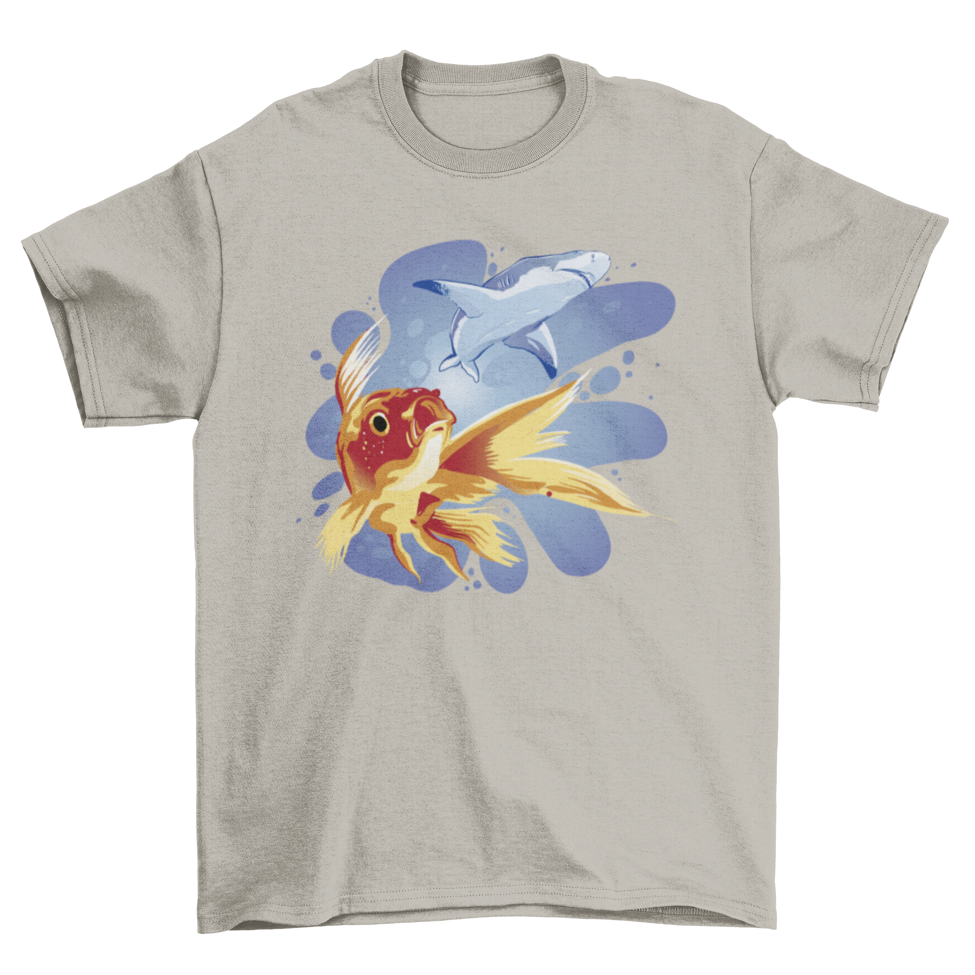 A vibrant t-shirt featuring a goldfish and shark swimming in the ocean, showcasing marine life.