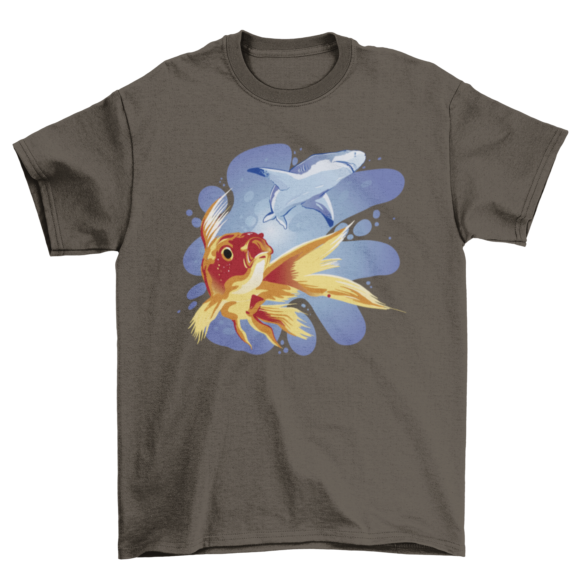 A vibrant t-shirt featuring a goldfish and shark swimming in the ocean, showcasing marine life.