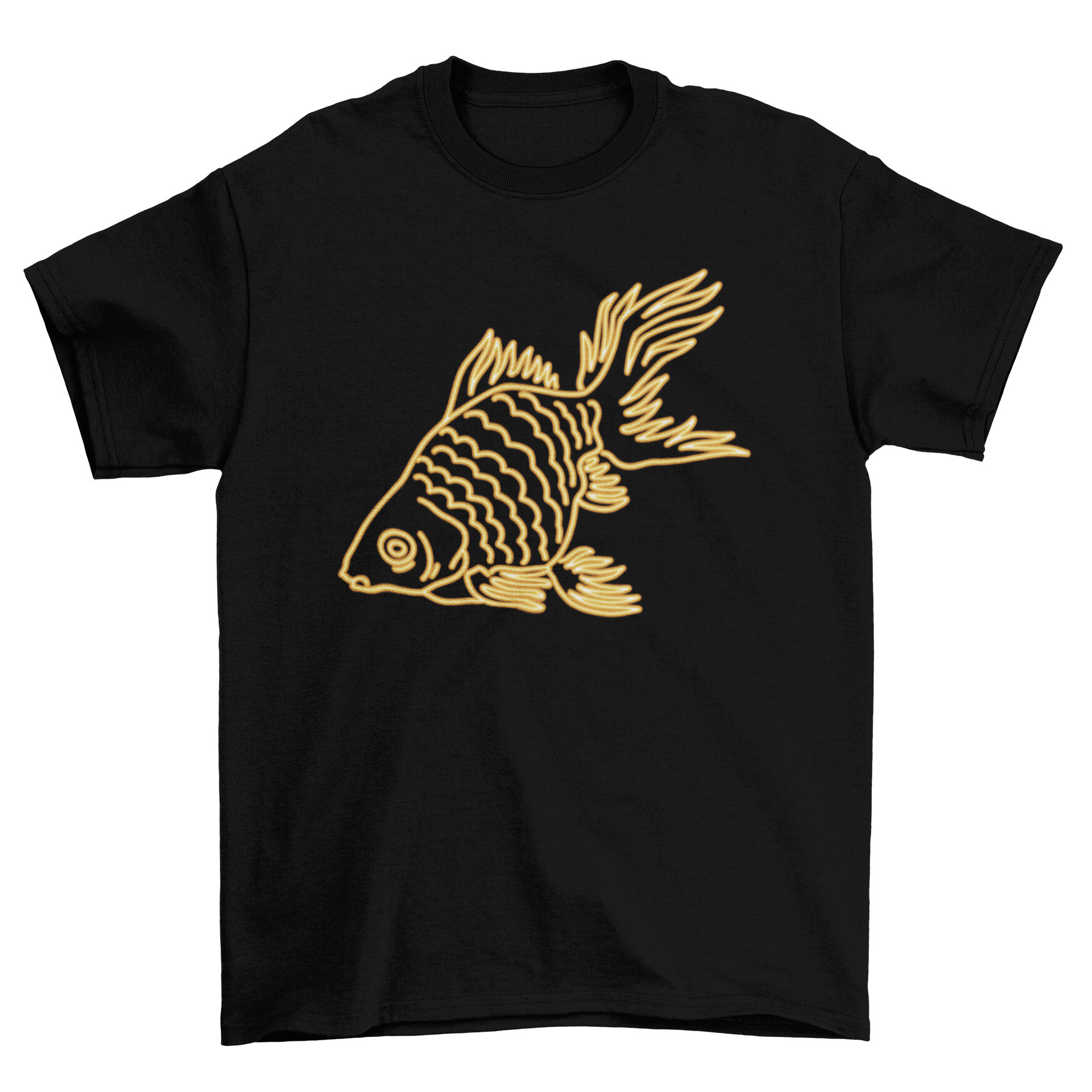 A vibrant neon t-shirt featuring a colorful goldfish design, perfect for casual wear.