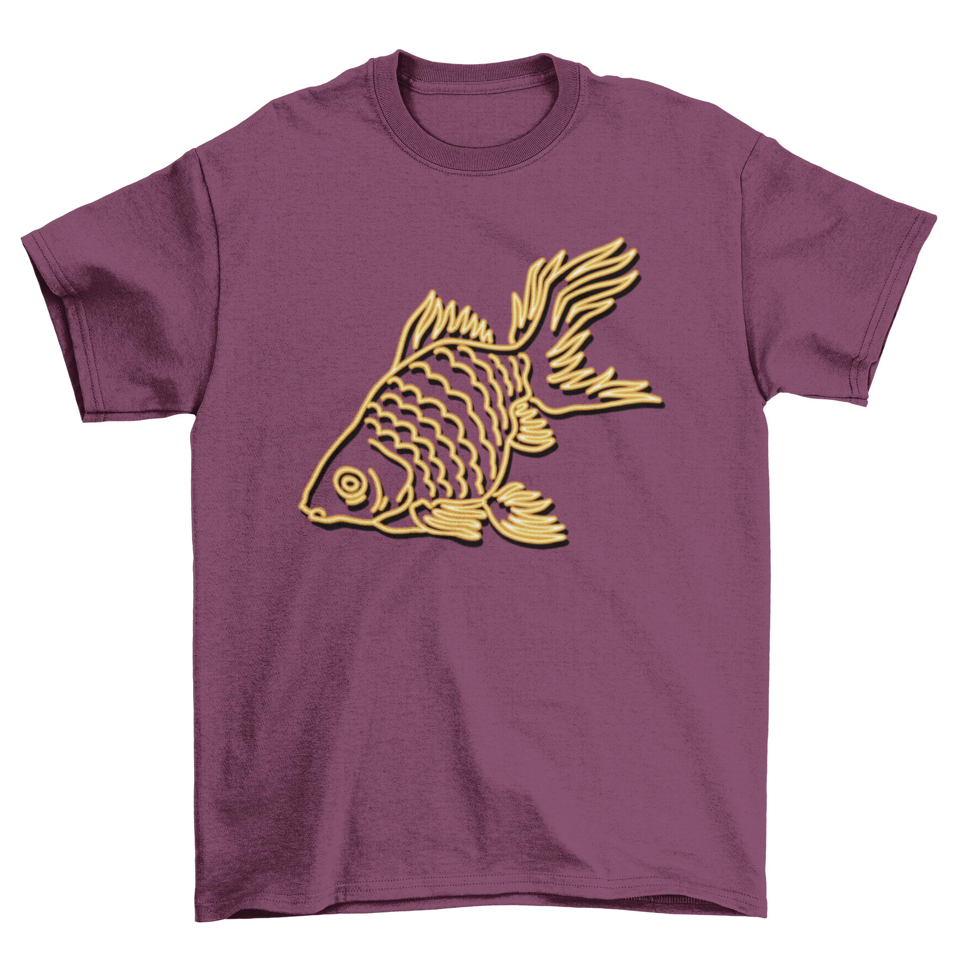 A vibrant neon t-shirt featuring a colorful goldfish design, perfect for casual wear.