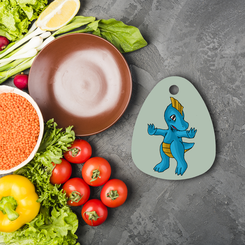 Goldi Sublimation Glass Cutting Board in water droplet shape, featuring a smooth surface and rubber feet for stability.