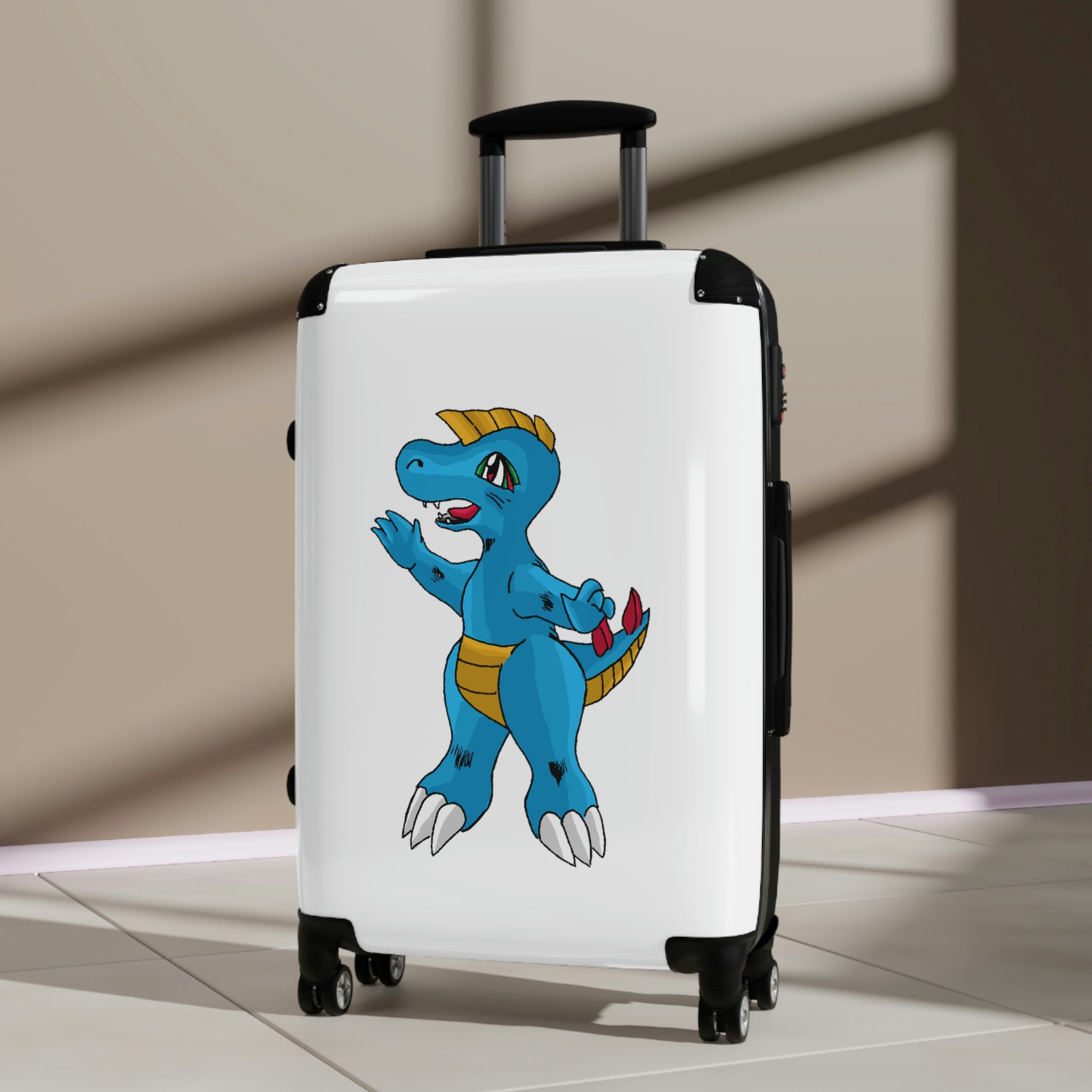Goldile Cabin Suitcase featuring a personalized design, lightweight polycarbonate front, and ABS back, with adjustable handle and 360° swivel wheels.