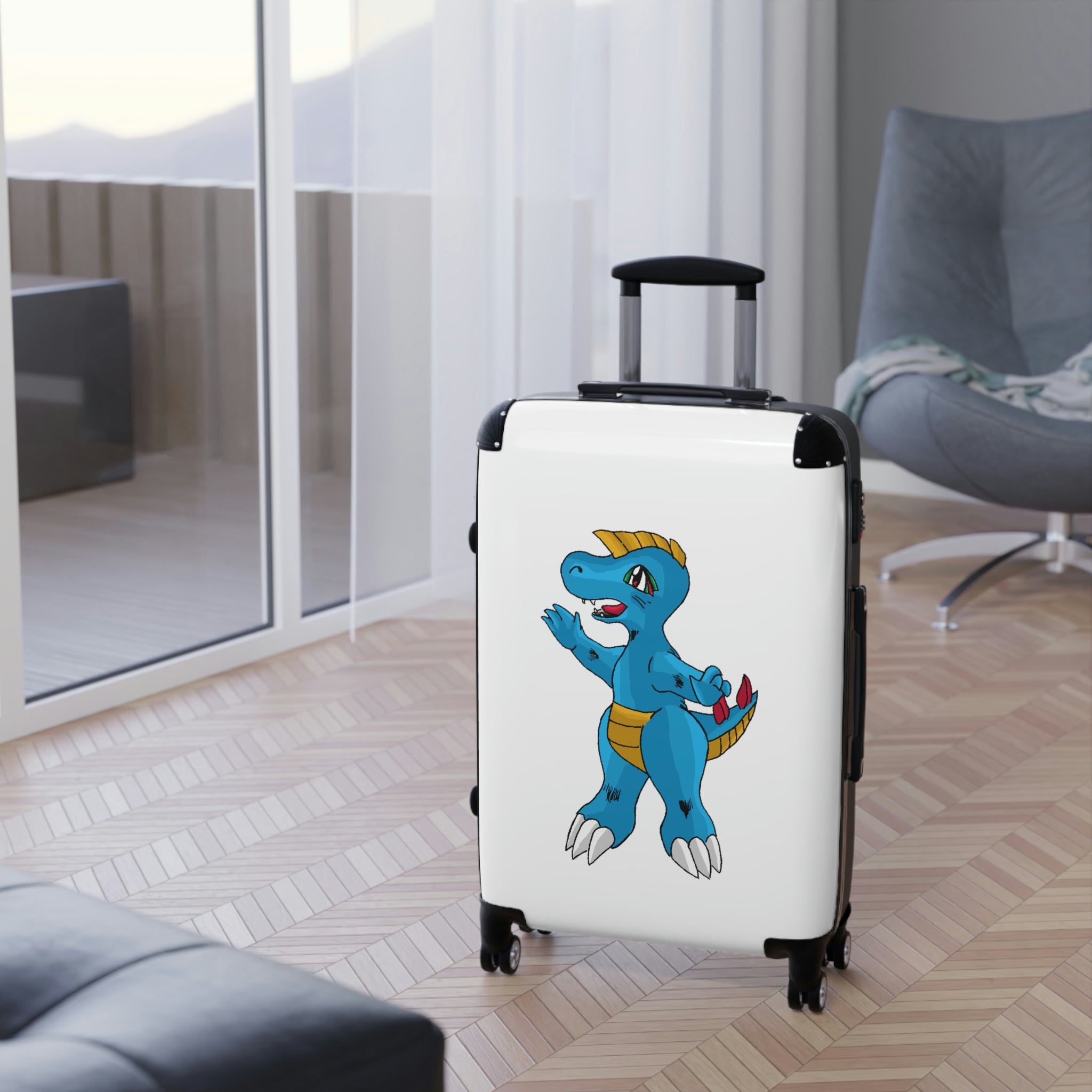 Goldile Cabin Suitcase featuring a personalized design, lightweight polycarbonate front, and ABS back, with adjustable handle and 360° swivel wheels.