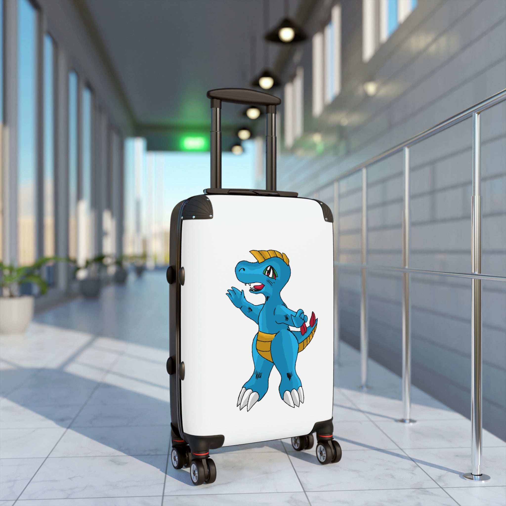 Goldile Cabin Suitcase featuring a personalized design, lightweight polycarbonate front, and ABS back, with adjustable handle and 360° swivel wheels.