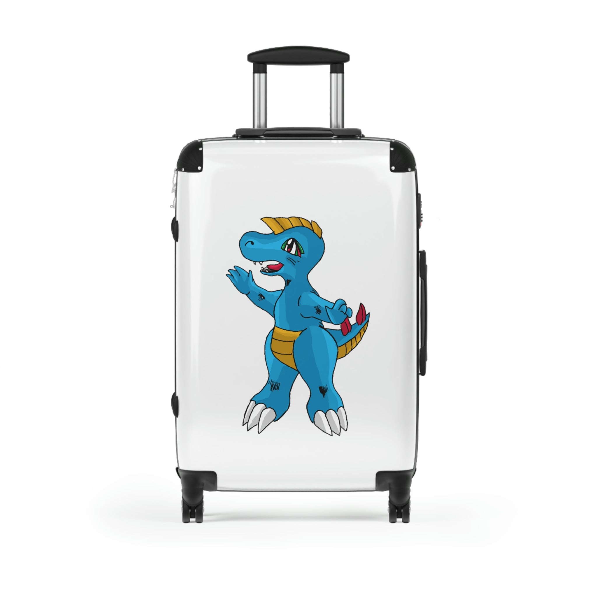 Goldile Cabin Suitcase featuring a personalized design, lightweight polycarbonate front, and ABS back, with adjustable handle and 360° swivel wheels.
