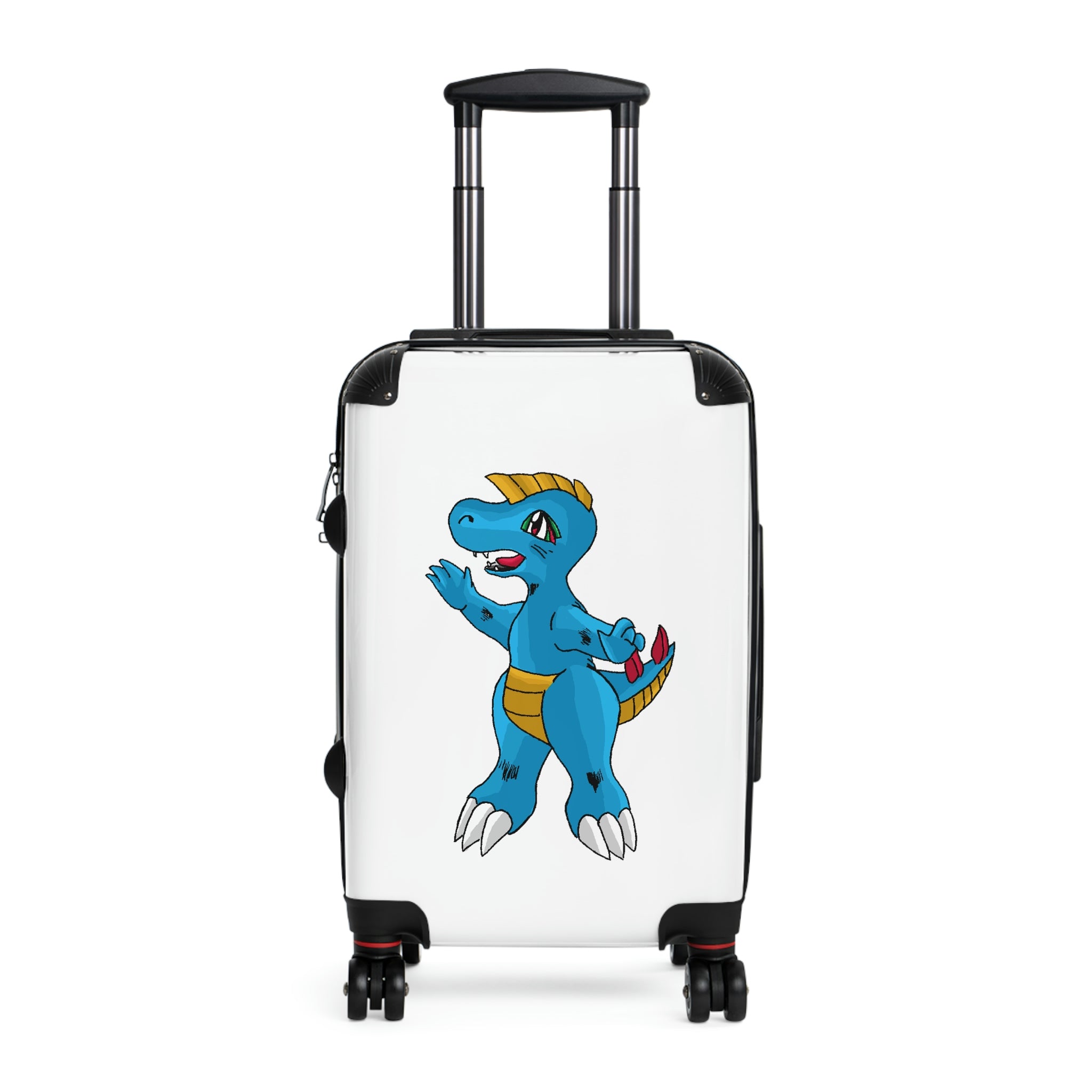 Goldile Cabin Suitcase featuring a personalized design, lightweight polycarbonate front, and ABS back, with adjustable handle and 360° swivel wheels.