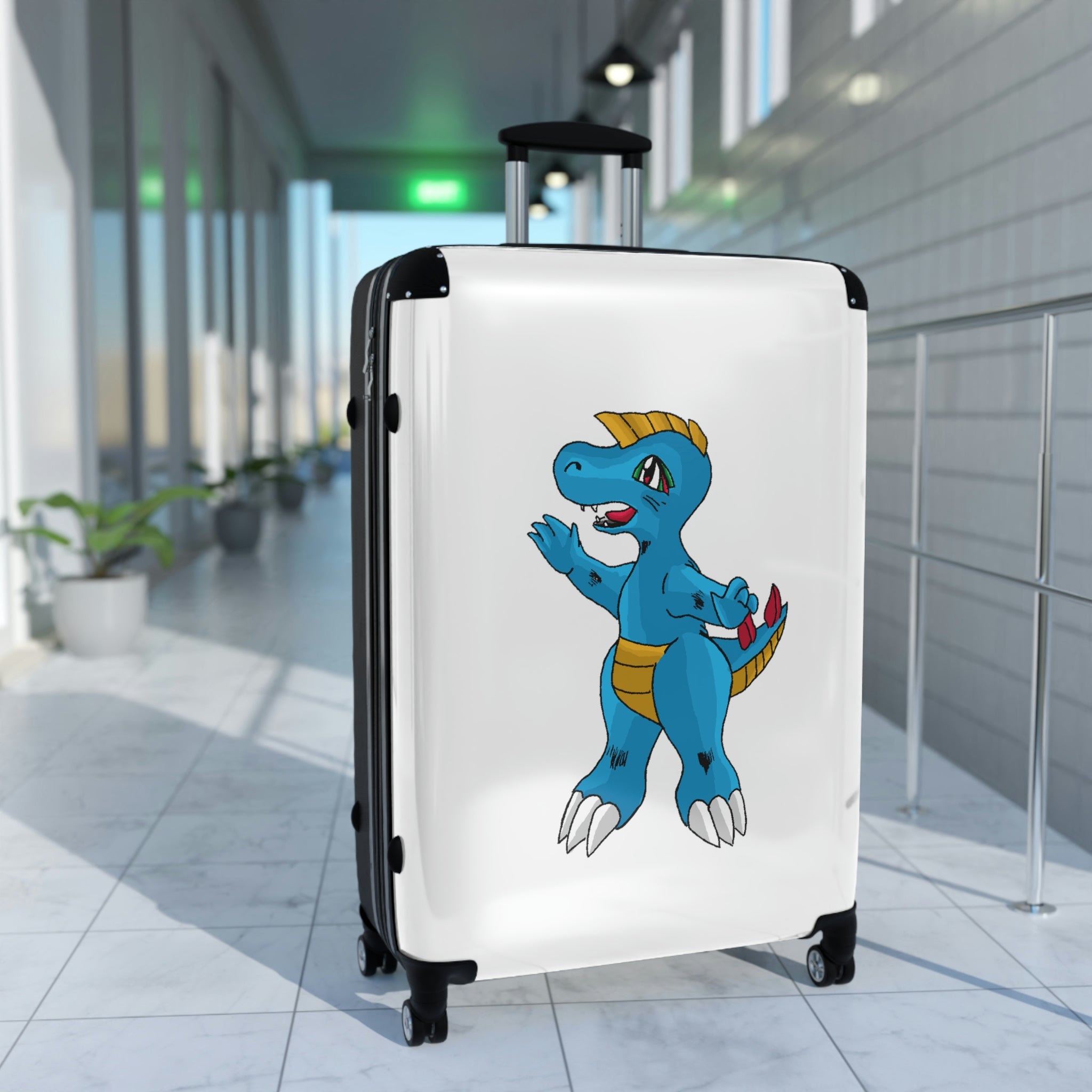 Goldile Cabin Suitcase featuring a personalized design, lightweight polycarbonate front, and ABS back, with adjustable handle and 360° swivel wheels.