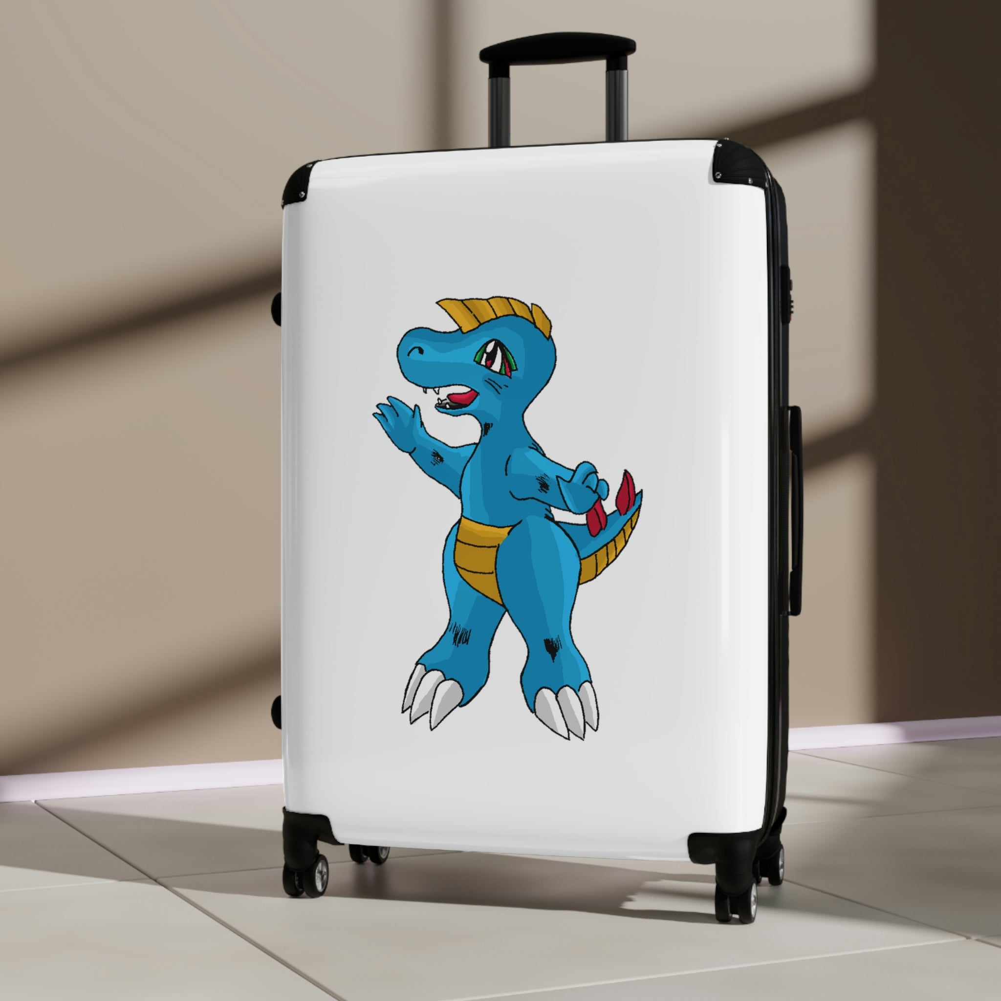 Goldile Cabin Suitcase featuring a personalized design, lightweight polycarbonate front, and ABS back, with adjustable handle and 360° swivel wheels.