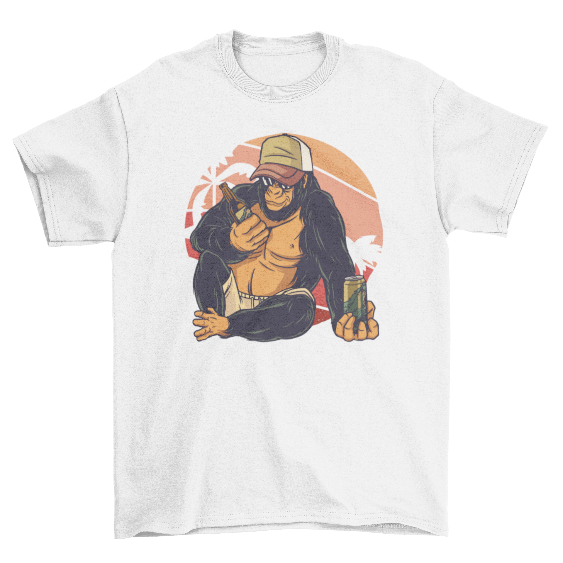 A fun t-shirt featuring a gorilla wearing a baseball cap and drinking beer, perfect for casual wear.