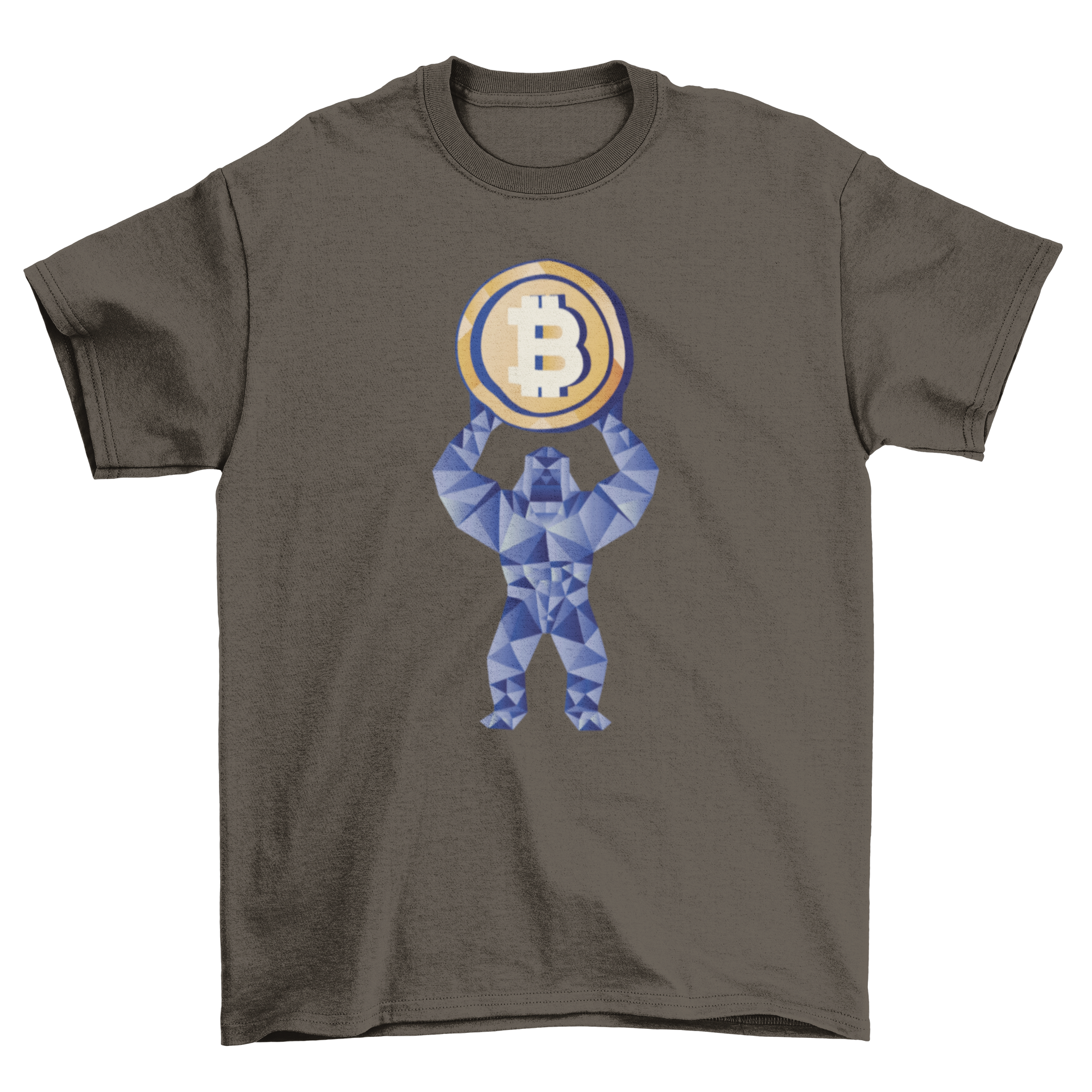 A stylish t-shirt featuring a gorilla holding a cryptocurrency coin, showcasing a unique and trendy design.