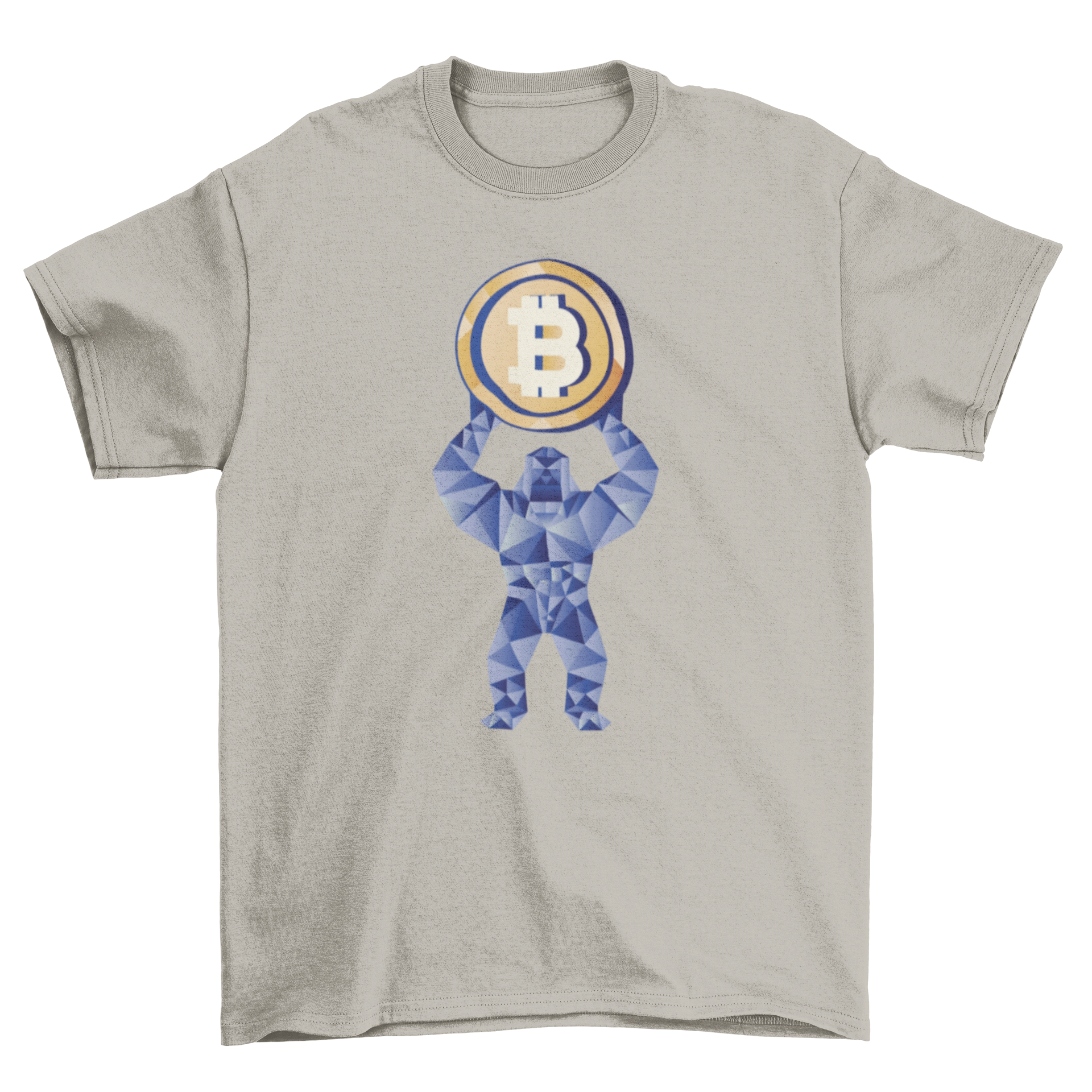 A stylish t-shirt featuring a gorilla holding a cryptocurrency coin, showcasing a unique and trendy design.