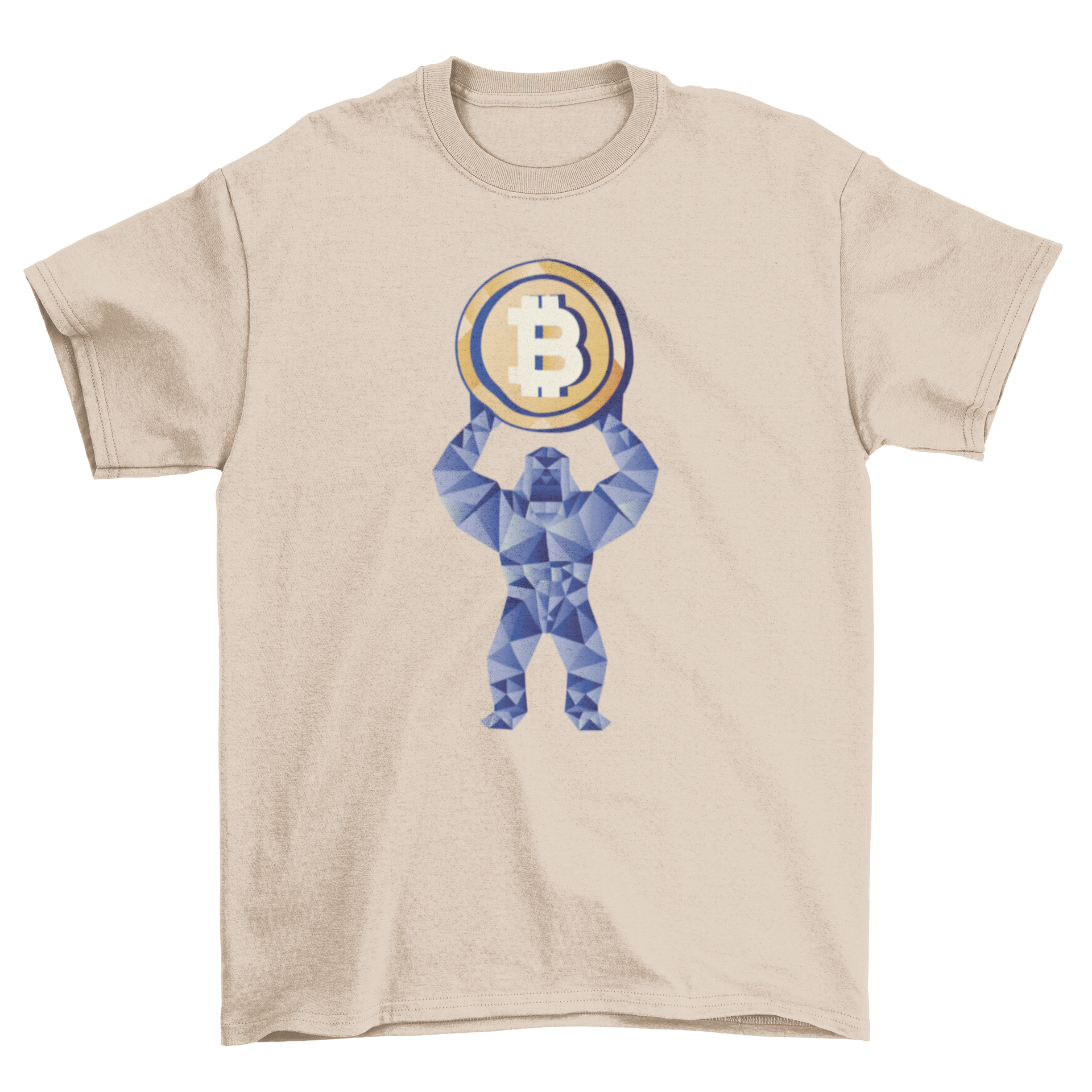 A stylish t-shirt featuring a gorilla holding a cryptocurrency coin, showcasing a unique and trendy design.
