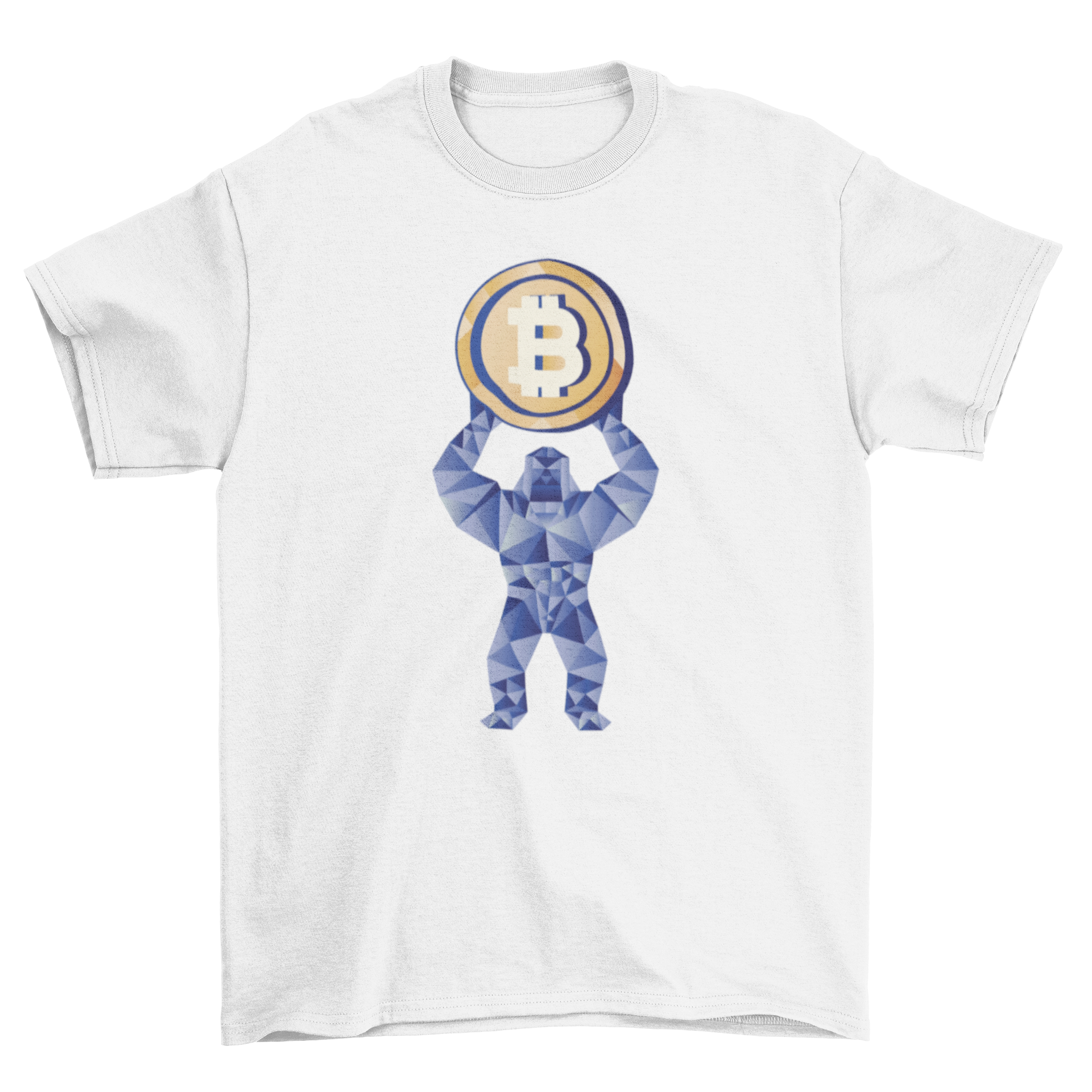 A stylish t-shirt featuring a gorilla holding a cryptocurrency coin, showcasing a unique and trendy design.