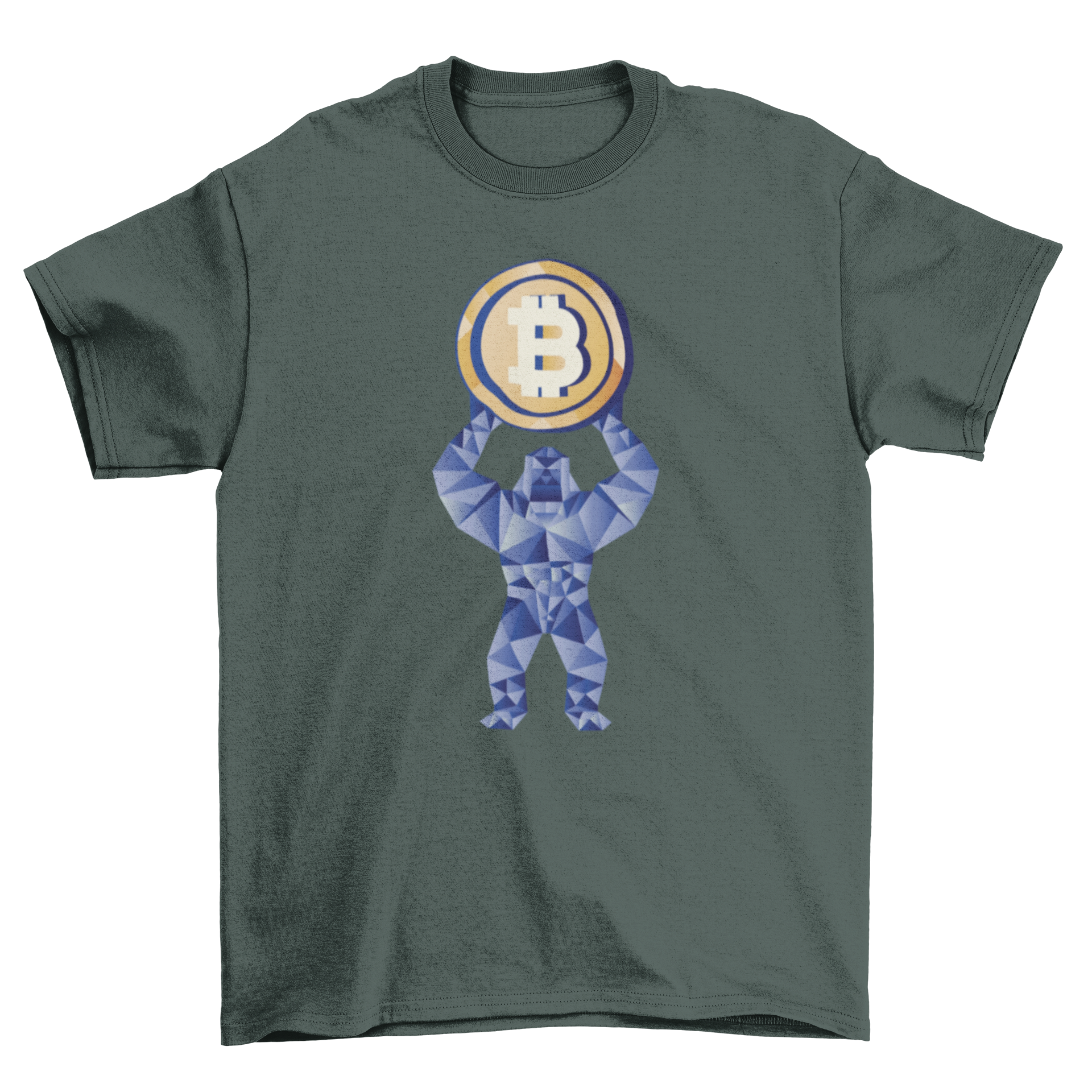 A stylish t-shirt featuring a gorilla holding a cryptocurrency coin, showcasing a unique and trendy design.