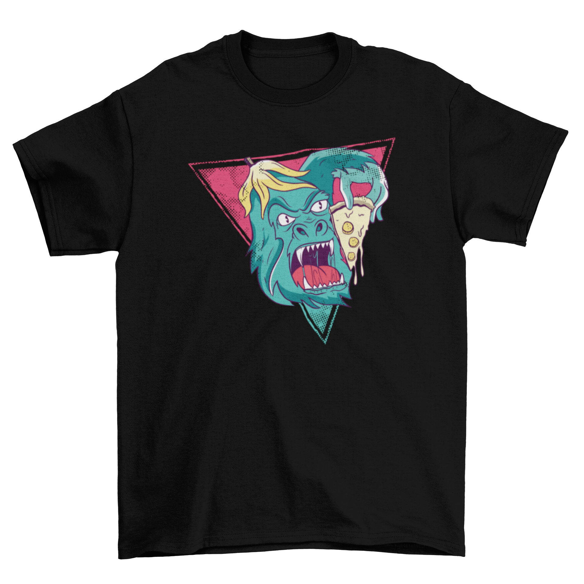 A vibrant cartoon design of a gorilla happily eating a slice of pizza, perfect for T-shirts and other merchandise.